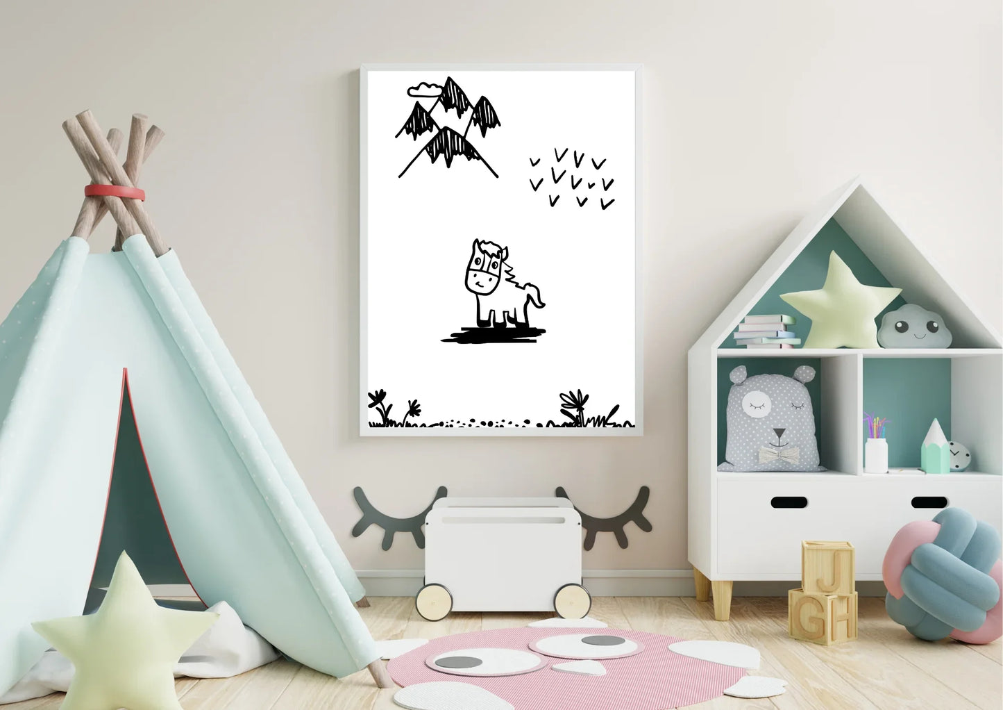 Black and white horse nursery art