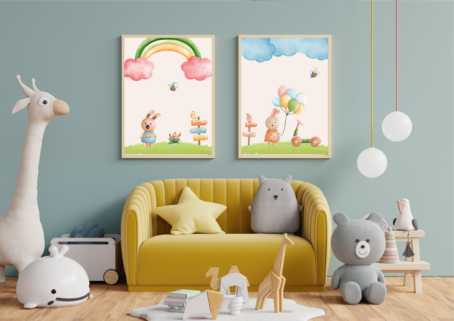 Children's room with a yellow sofa, stuffed animals, and wall art depicting cartoon characters and a rainbow.