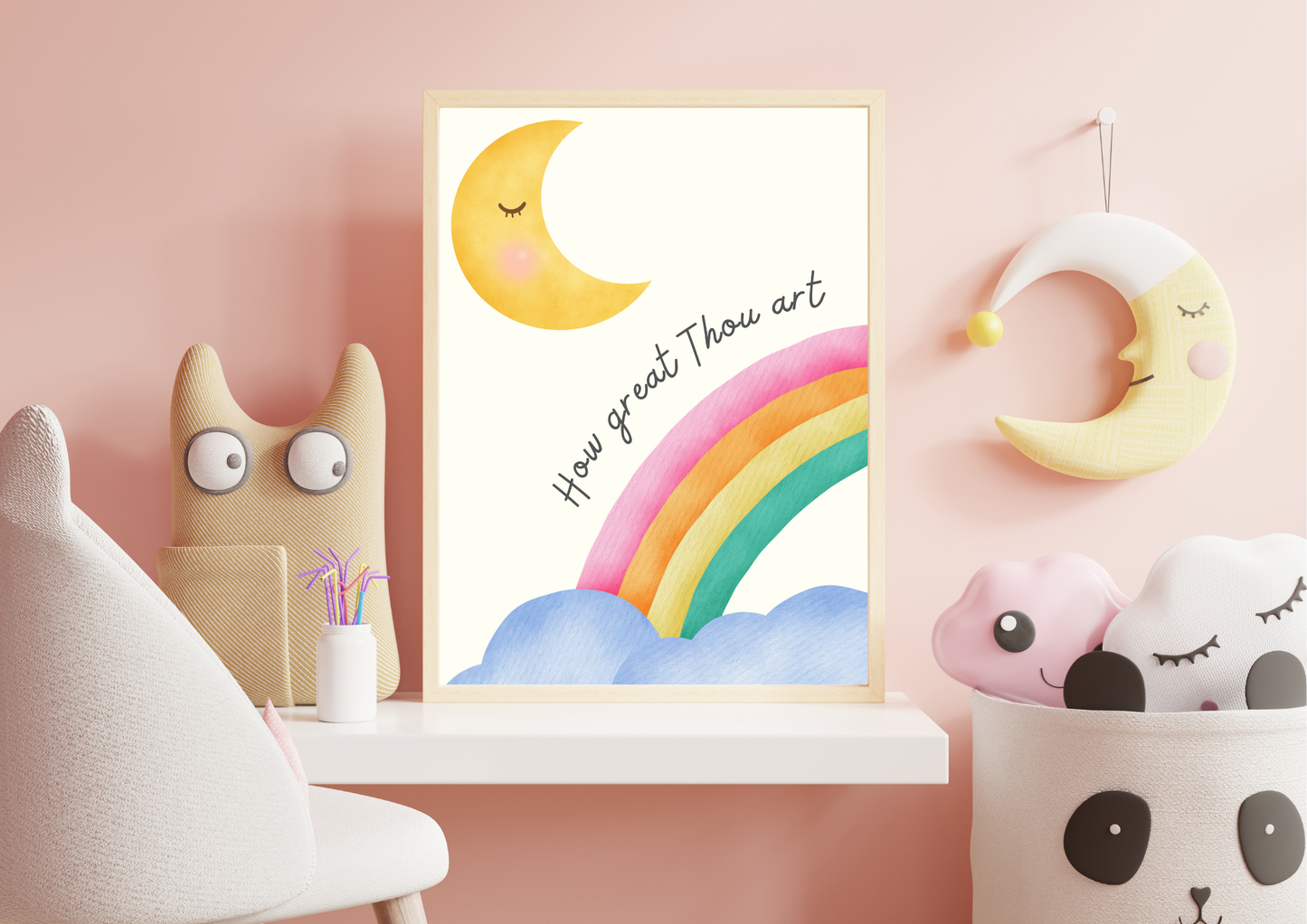 Children's Christian room decor with a rainbow and moon print, toys, and a pink wall.