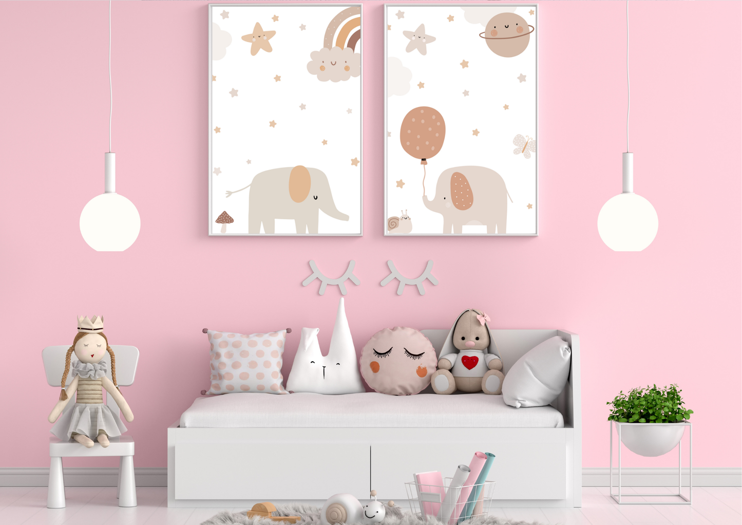 Children's room with pink walls, white furniture, and a set of two framed neutral elephant nursery wall art.