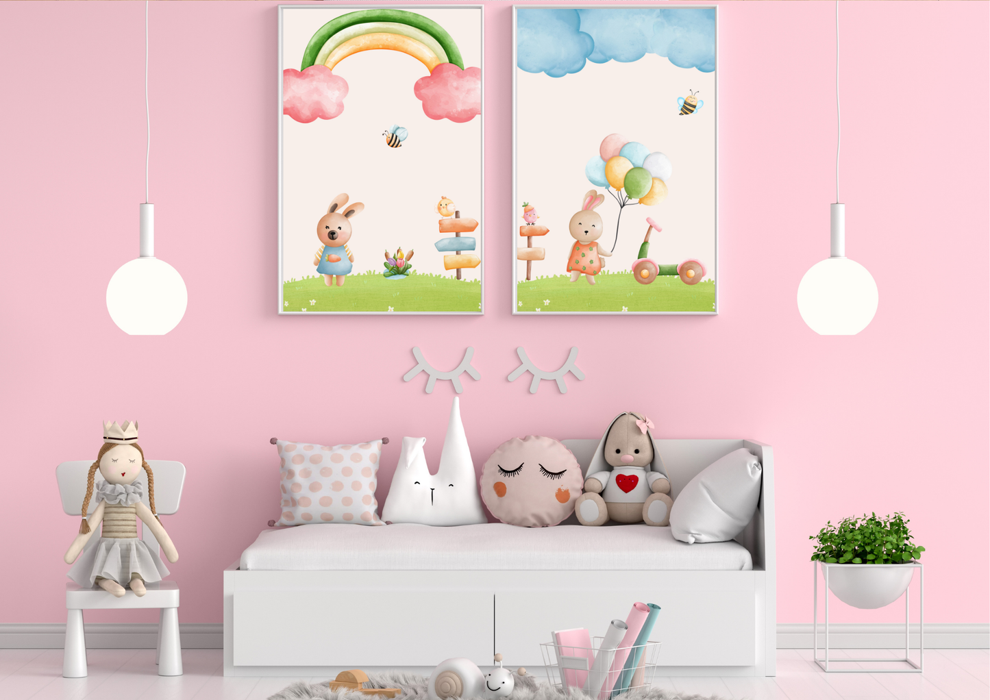 Children's room with pink walls, white furniture, and decorative elements.