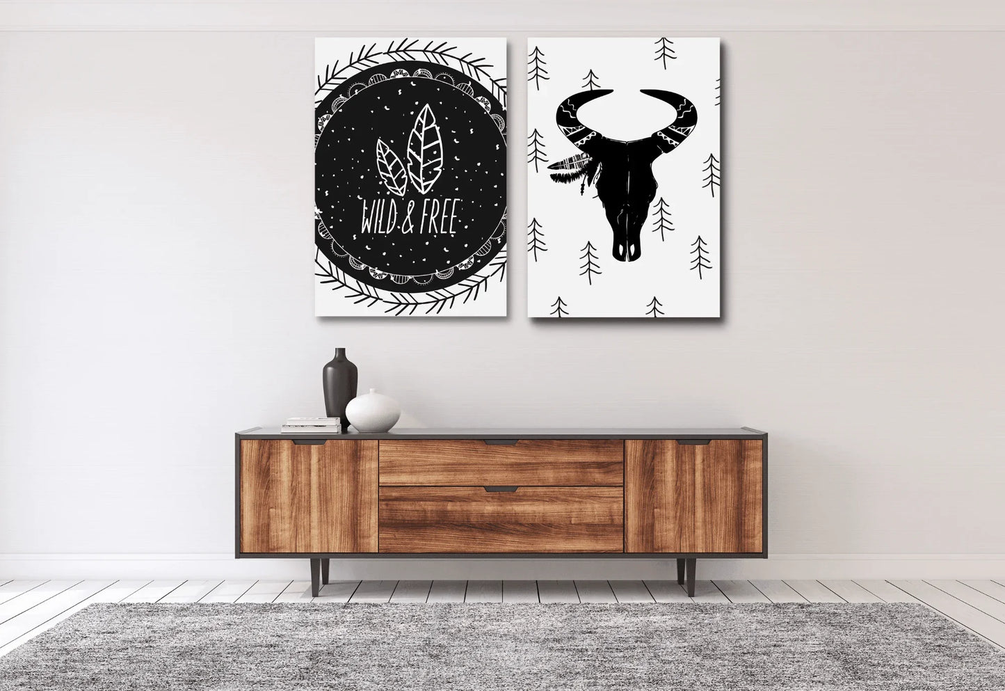 Black and white set of two prints featuring boho skull and "wild & Free" quote