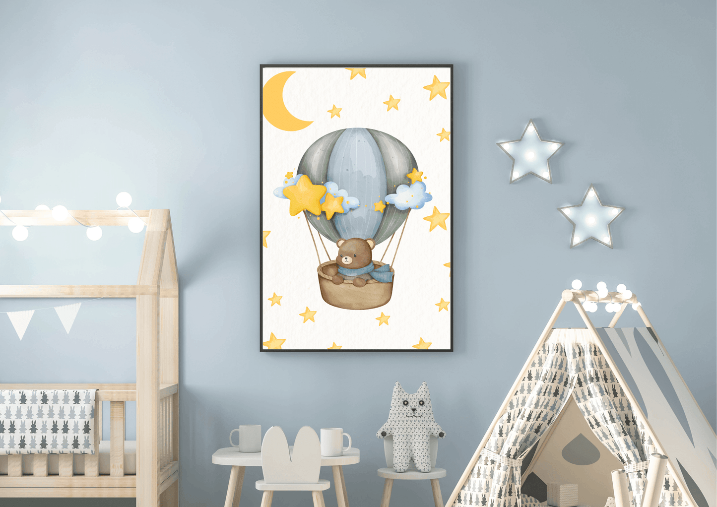 Digital nursery print featuring bear in hot air balloon