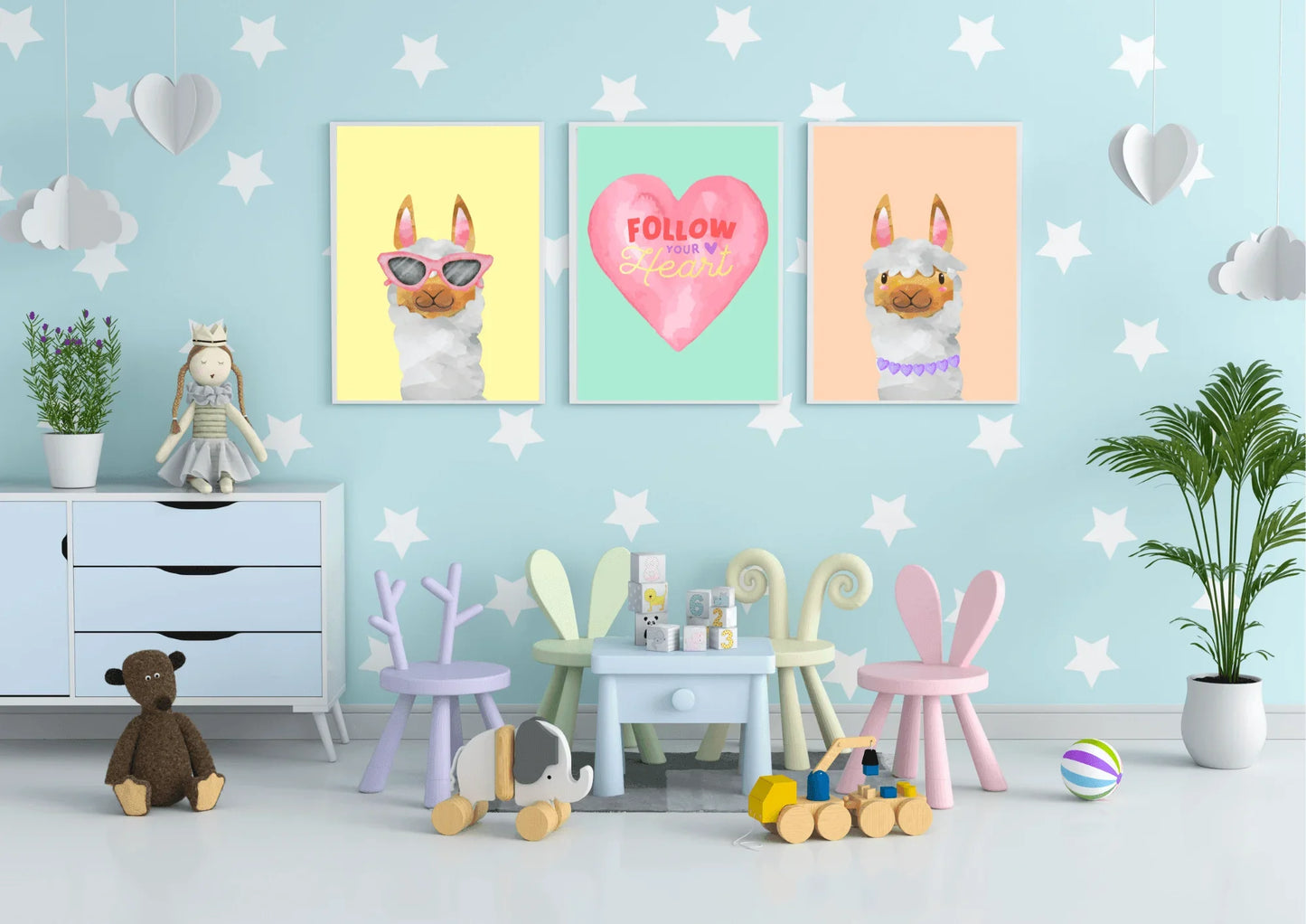 Set of three watercolor llama nursery prints