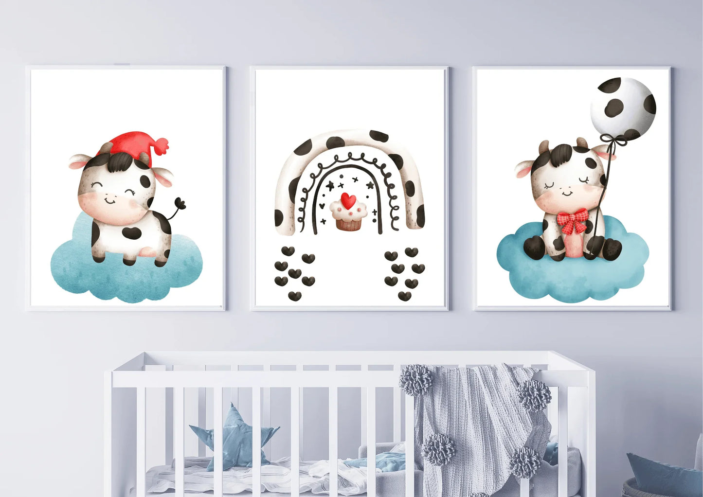 set of three cow-themed nursery prints