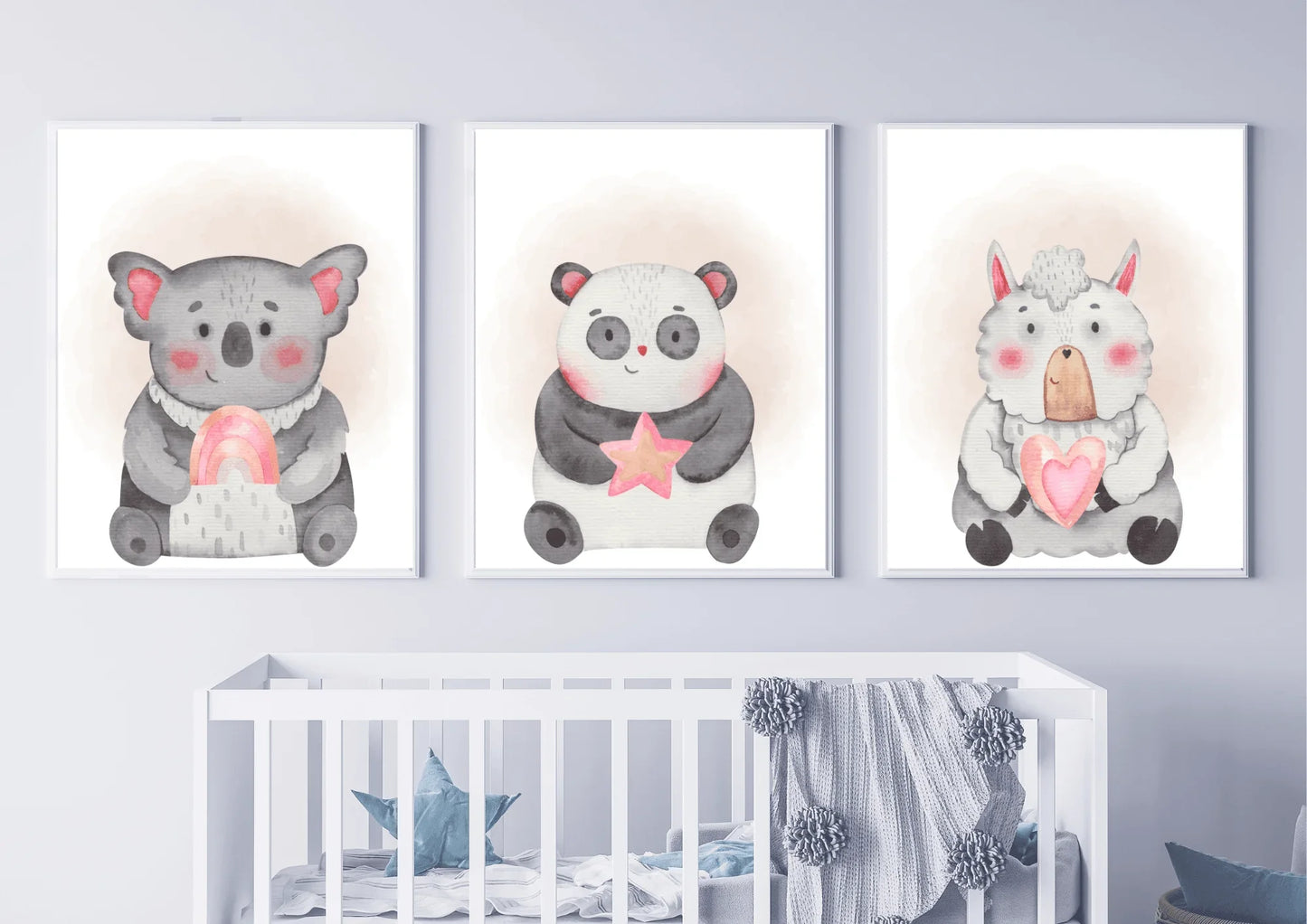 pink and grey nursery prints, featuring a panda, sheep and a koala