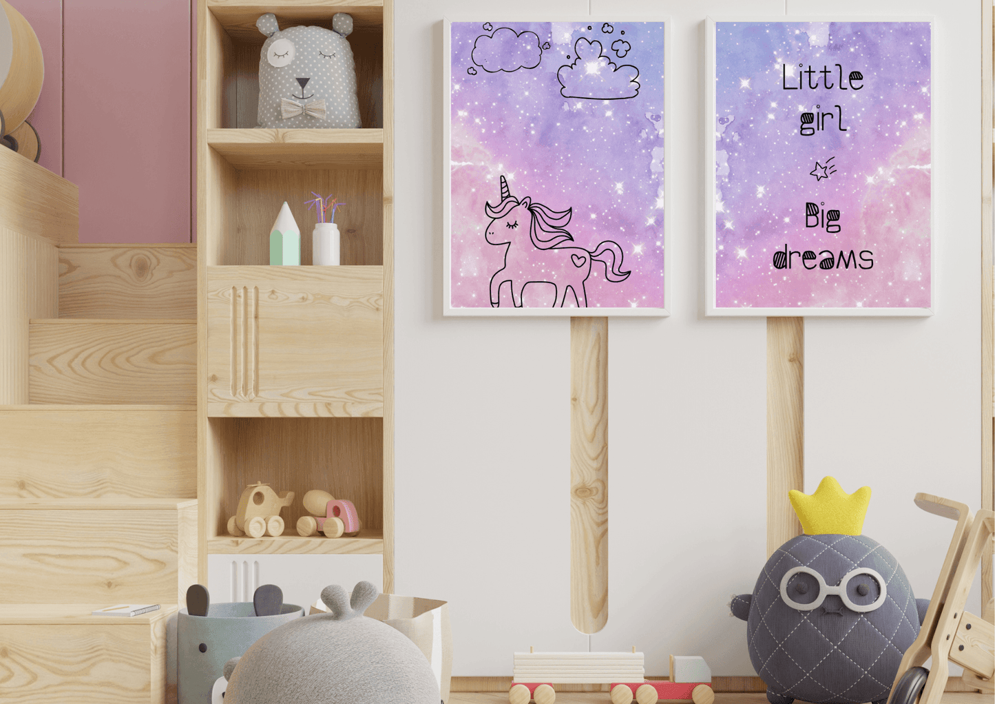 Set of two purple spaced themed unicorn prints