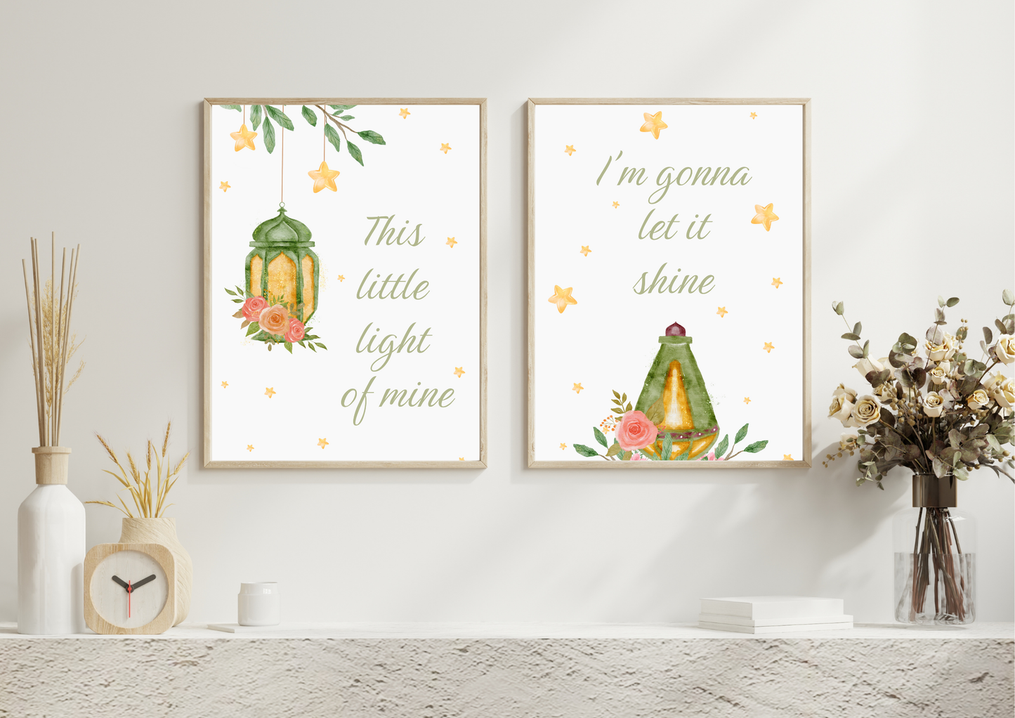 Two framed Christian prints with on the wall.