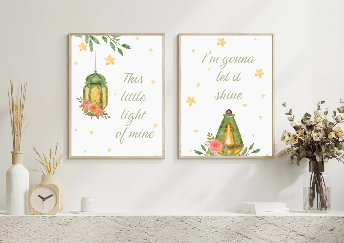 Two framed Christian prints with on the wall.