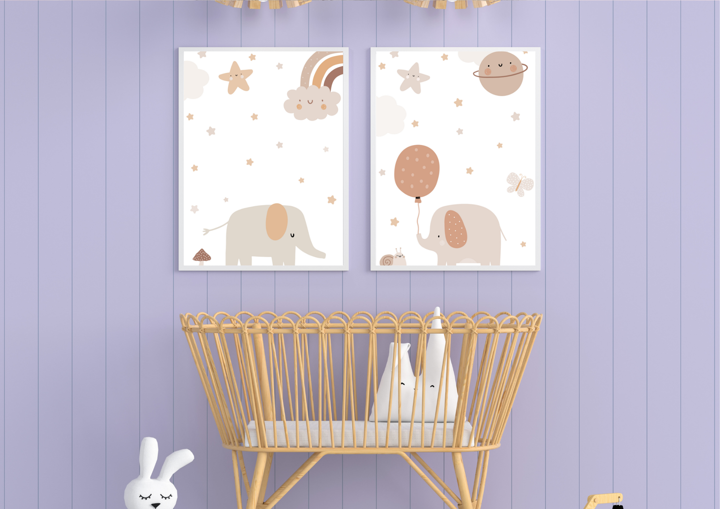 Nursery room with two framed illustrations of elephants on a purple wall above a crib.