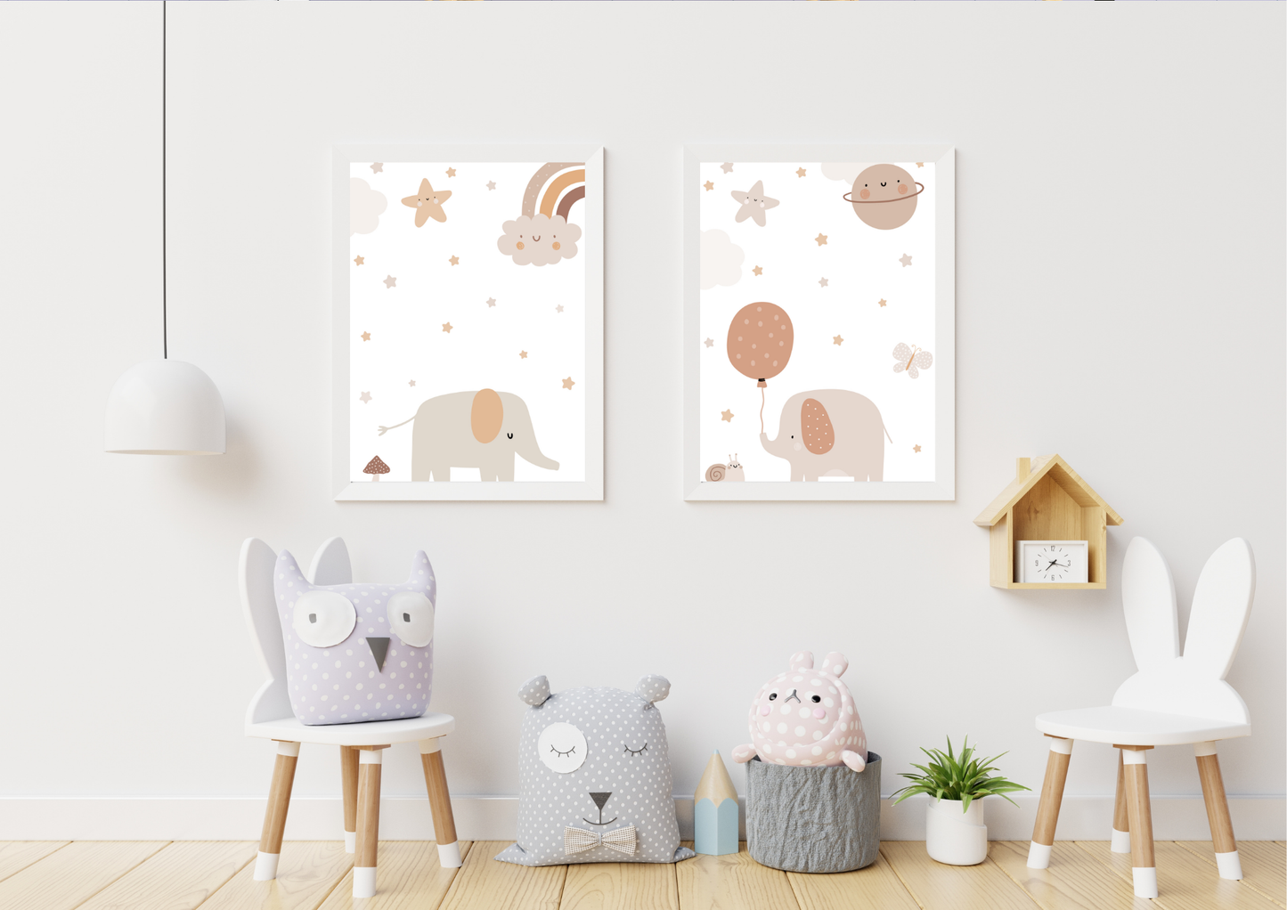 Children's room with wall art featuring elephants and balloons, decorative cushions, and small stools.
