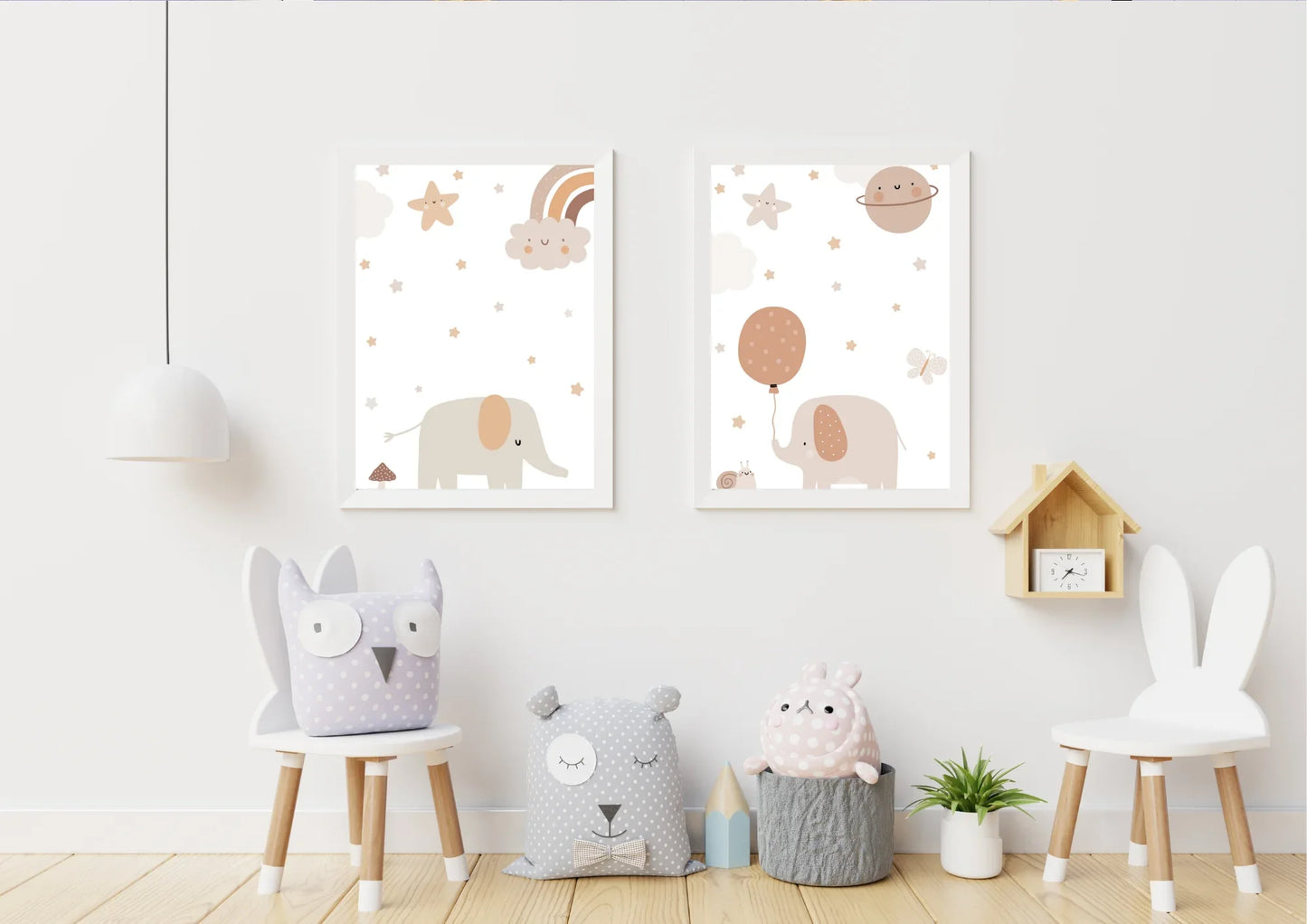 Children's room with wall art featuring elephants and balloons, decorative cushions, and small stools.