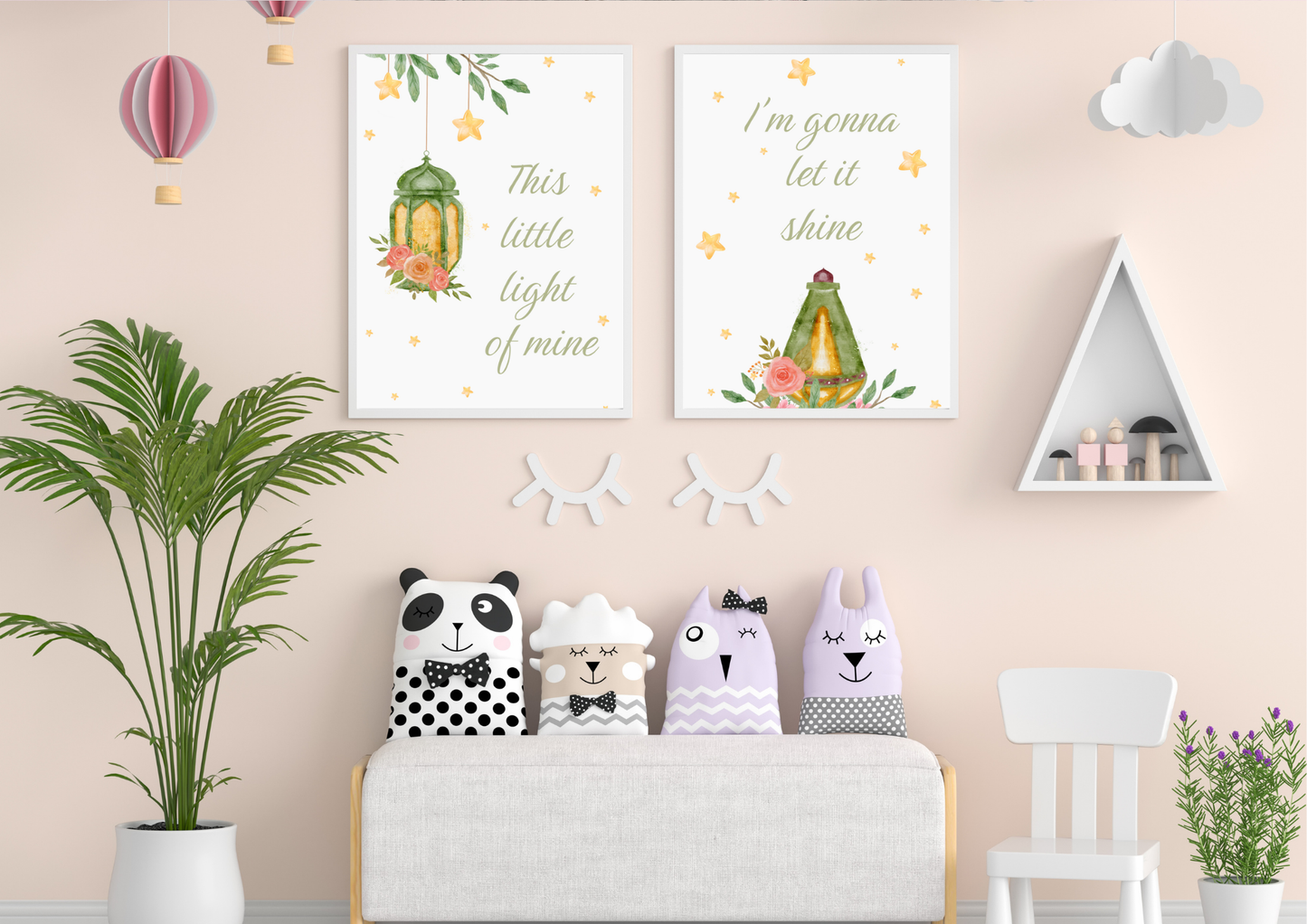 Children's room with faith themed posters, plush toys, and a plant on a beige wall.