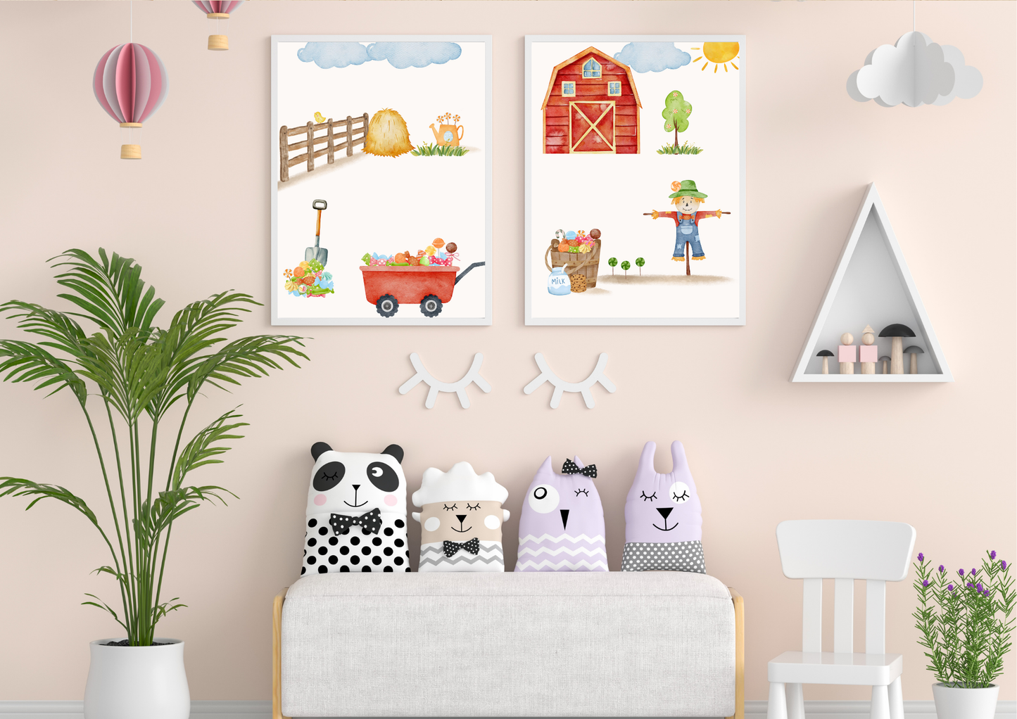 Children's room with farm-themed wall art, plush toys, and a plant.