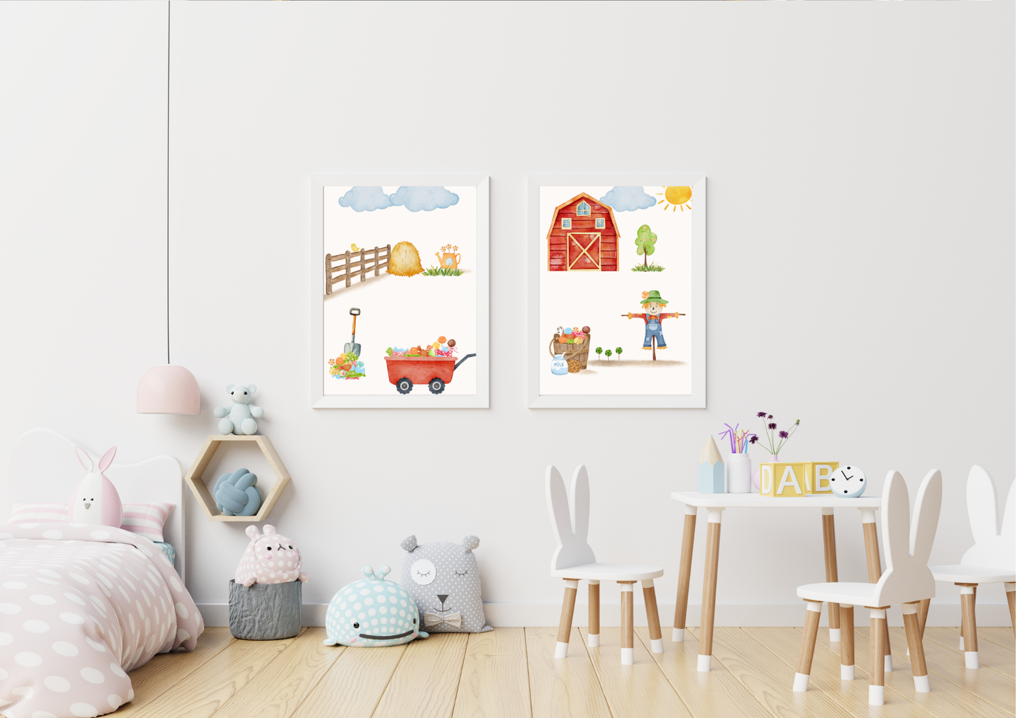 Children's room with two framed farm-themed illustrations on the wall, a table, and chairs.
