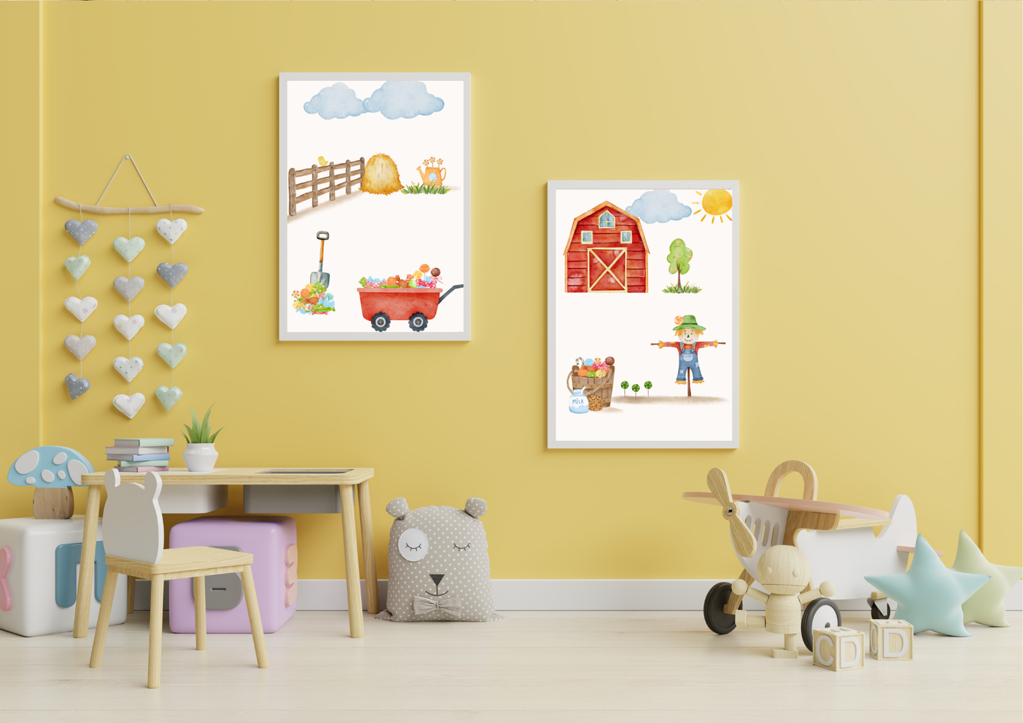 Children's room with farm-themed posters on a yellow wall, toys, and furniture.