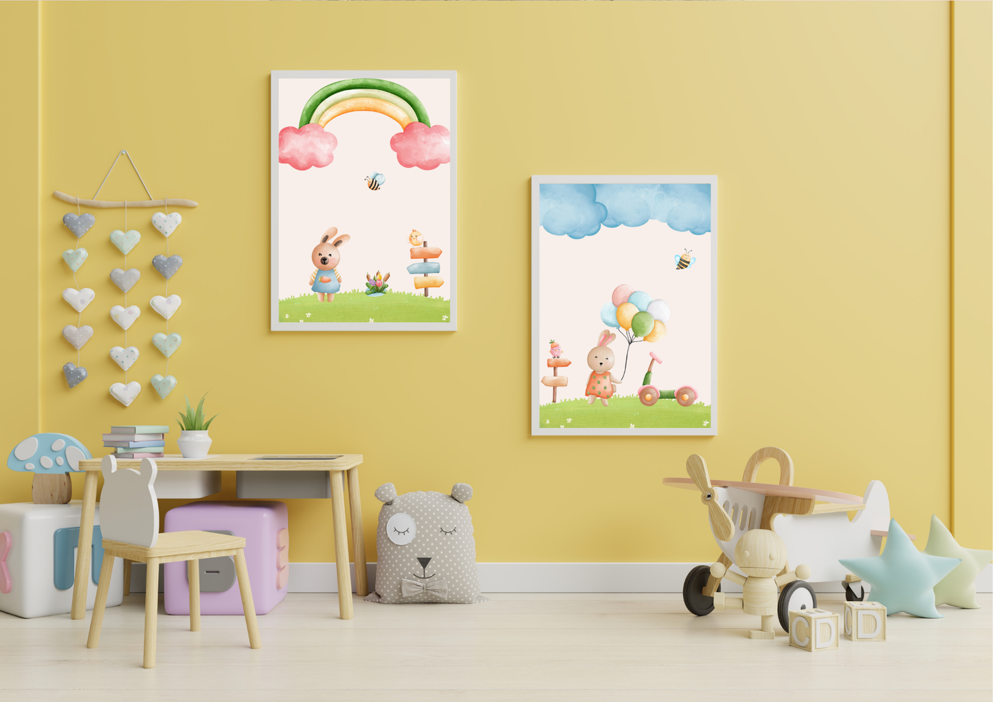 Children's room with colorful wall art and toys on a yellow wall.