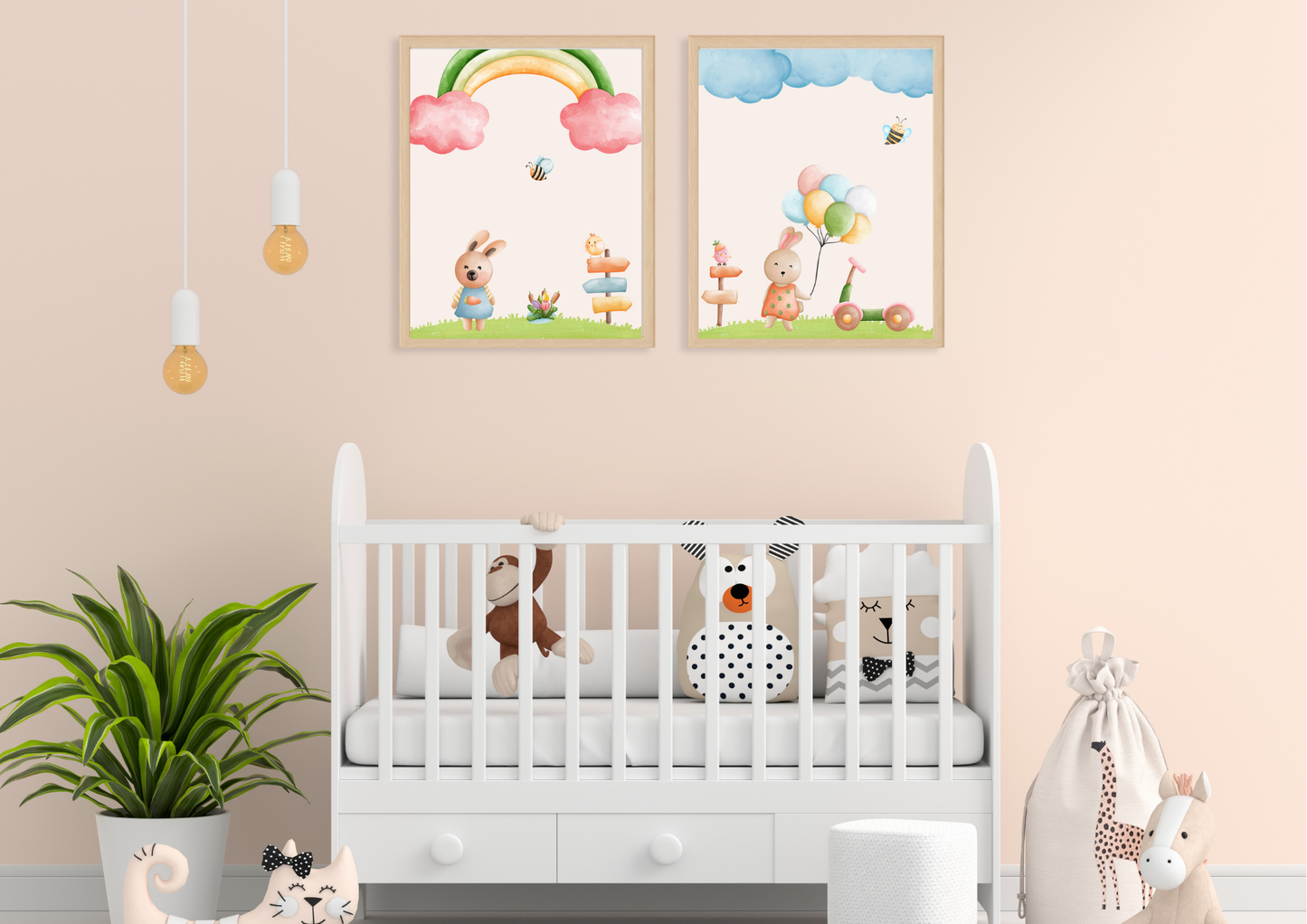 Nursery room with a white crib, stuffed animals, and two colorful wall posters on a beige wall.