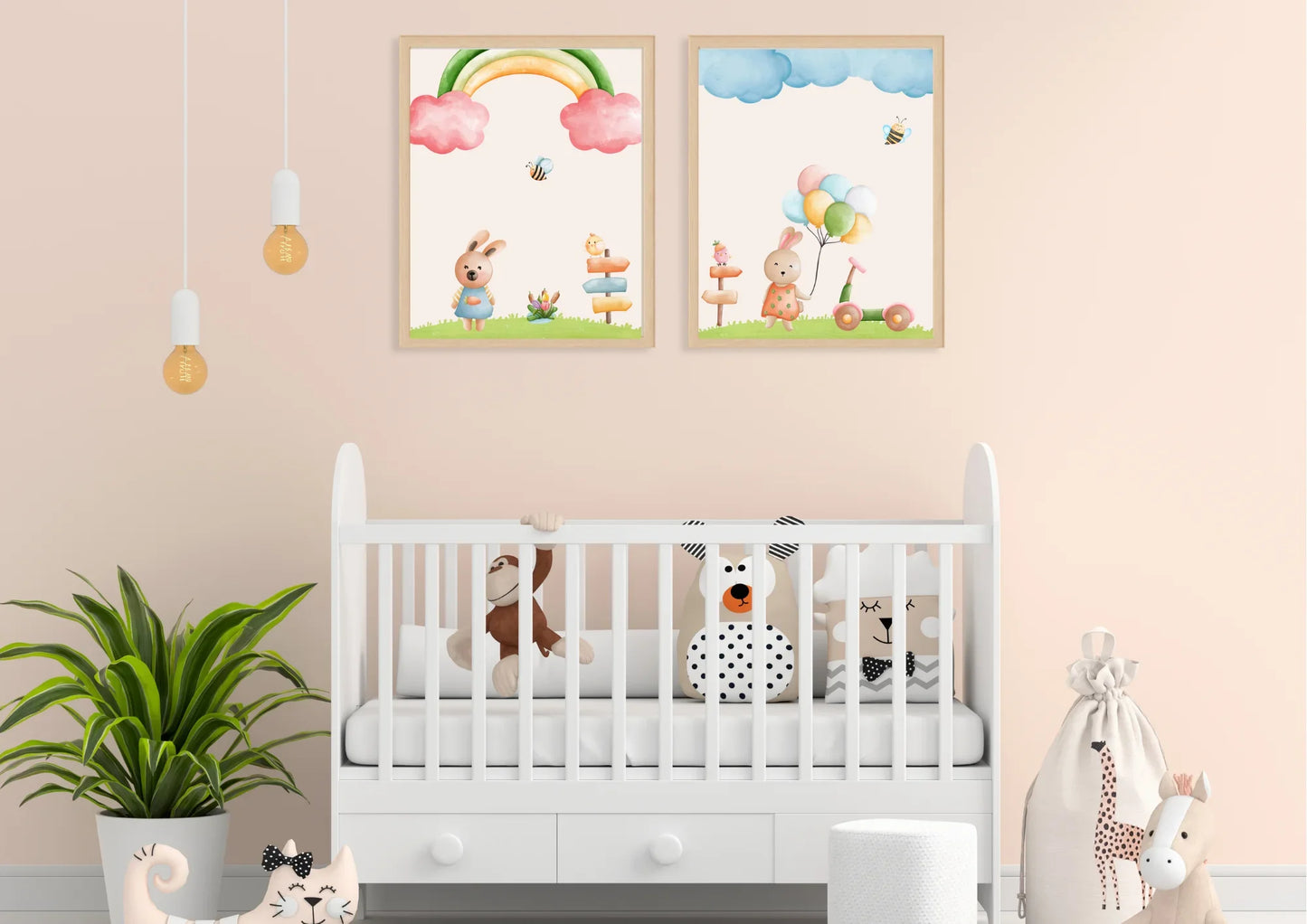 Nursery room with a white crib, stuffed animals, and two colorful wall posters on a beige wall.