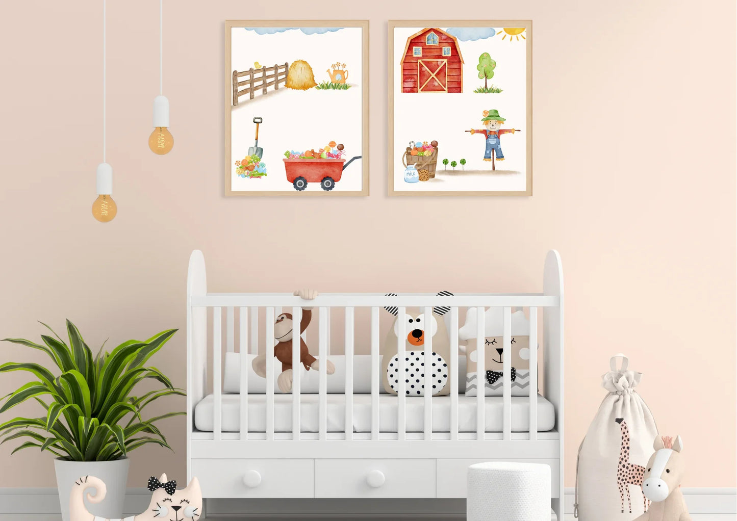 Nursery room with a white crib, stuffed animals, and two framed farm-themed pictures on the wall.