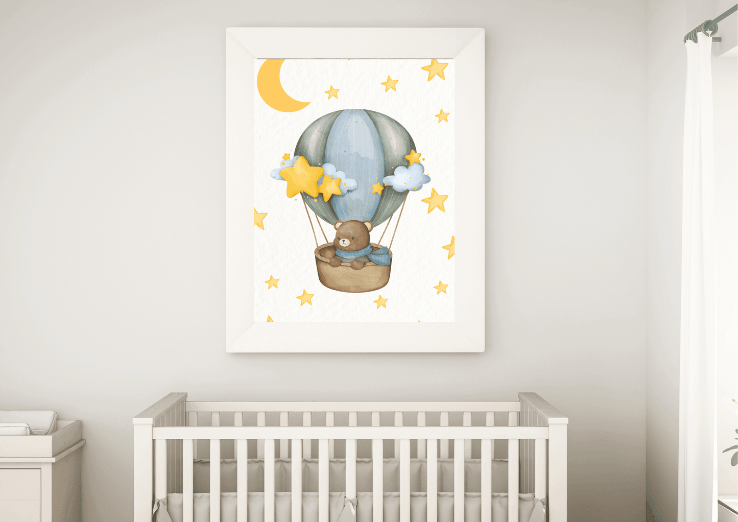 Digital nursery print featuring bear in hot air balloon