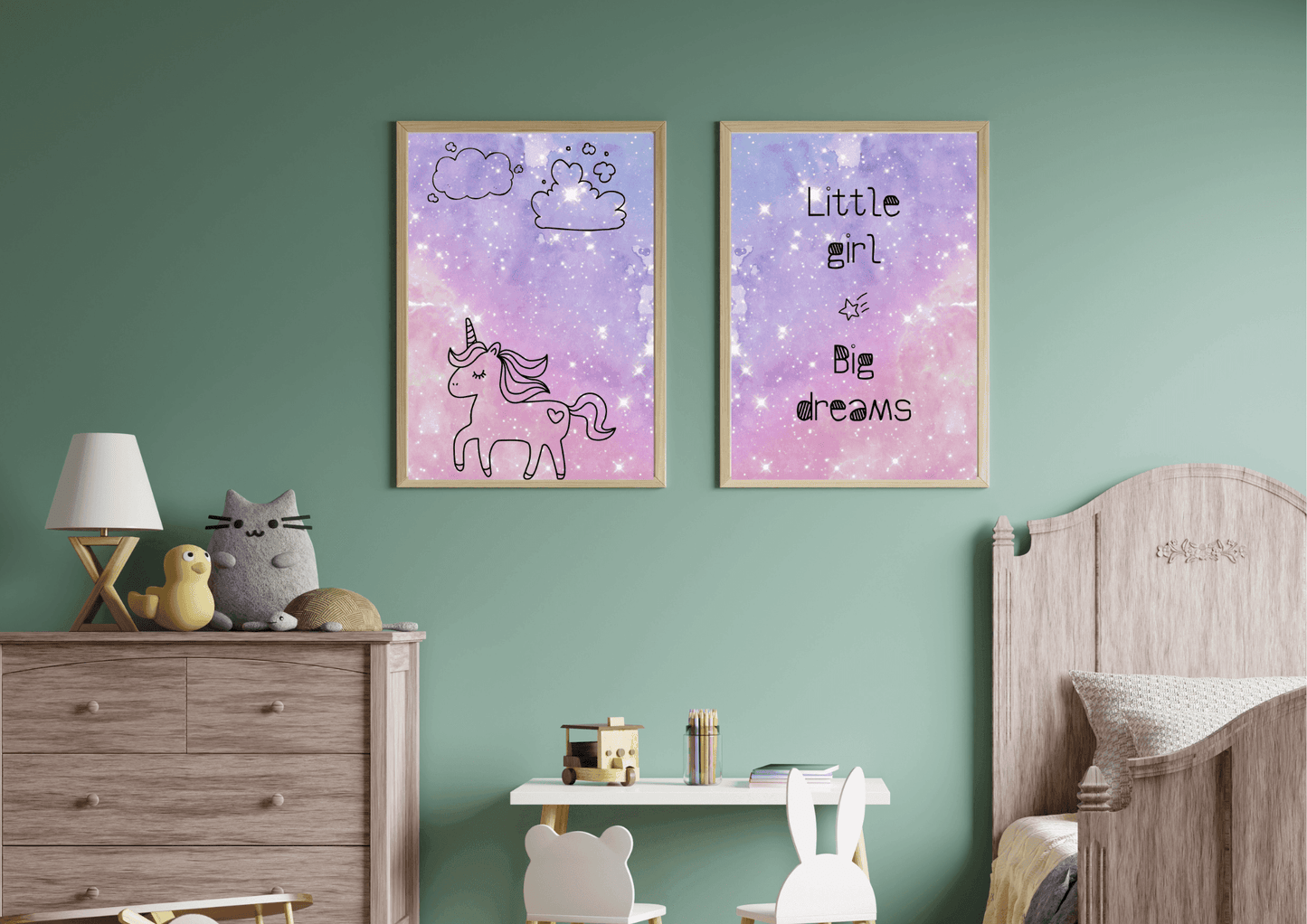 Set of two purple spaced themed unicorn prints