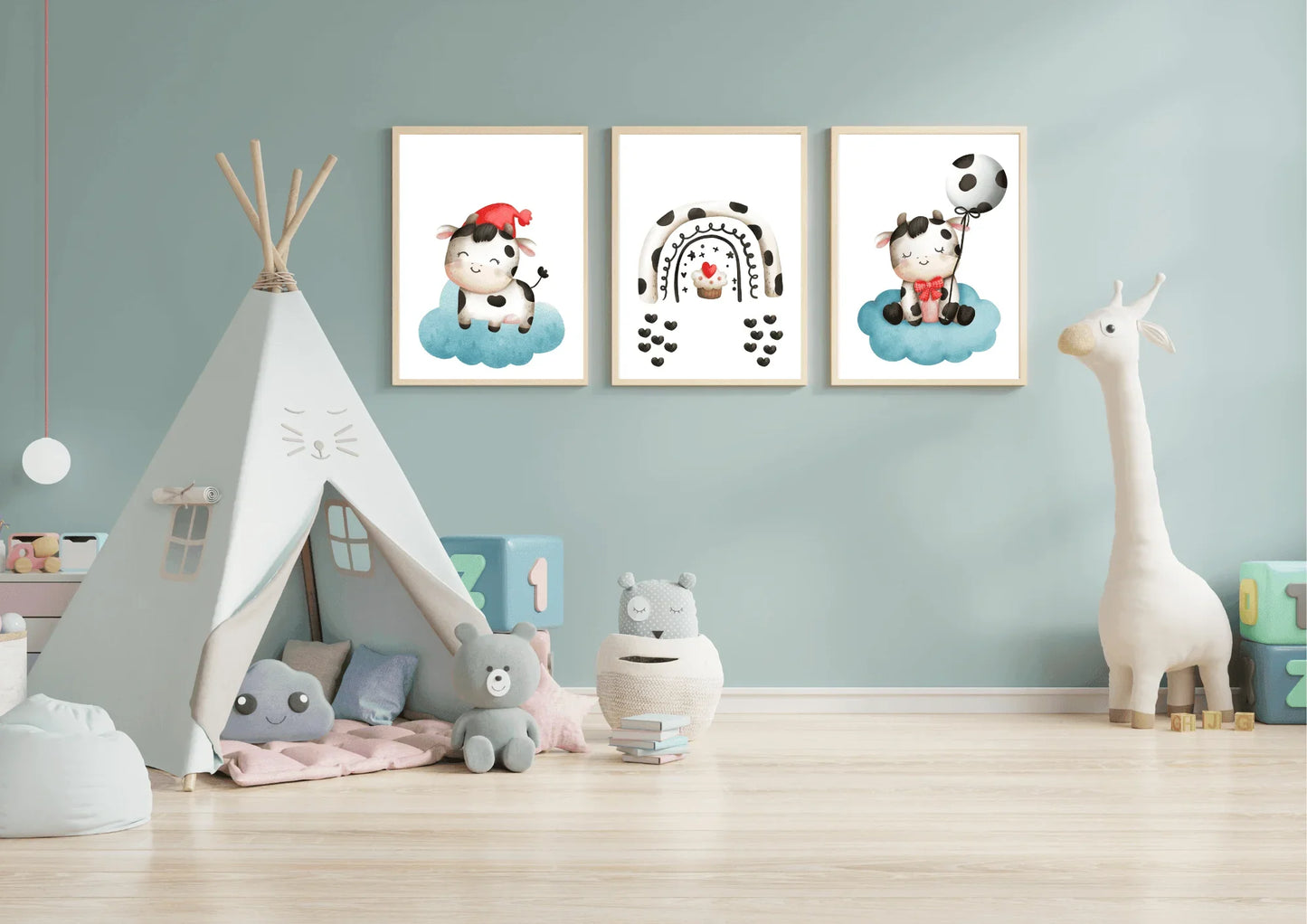 set of three cow-themed nursery prints