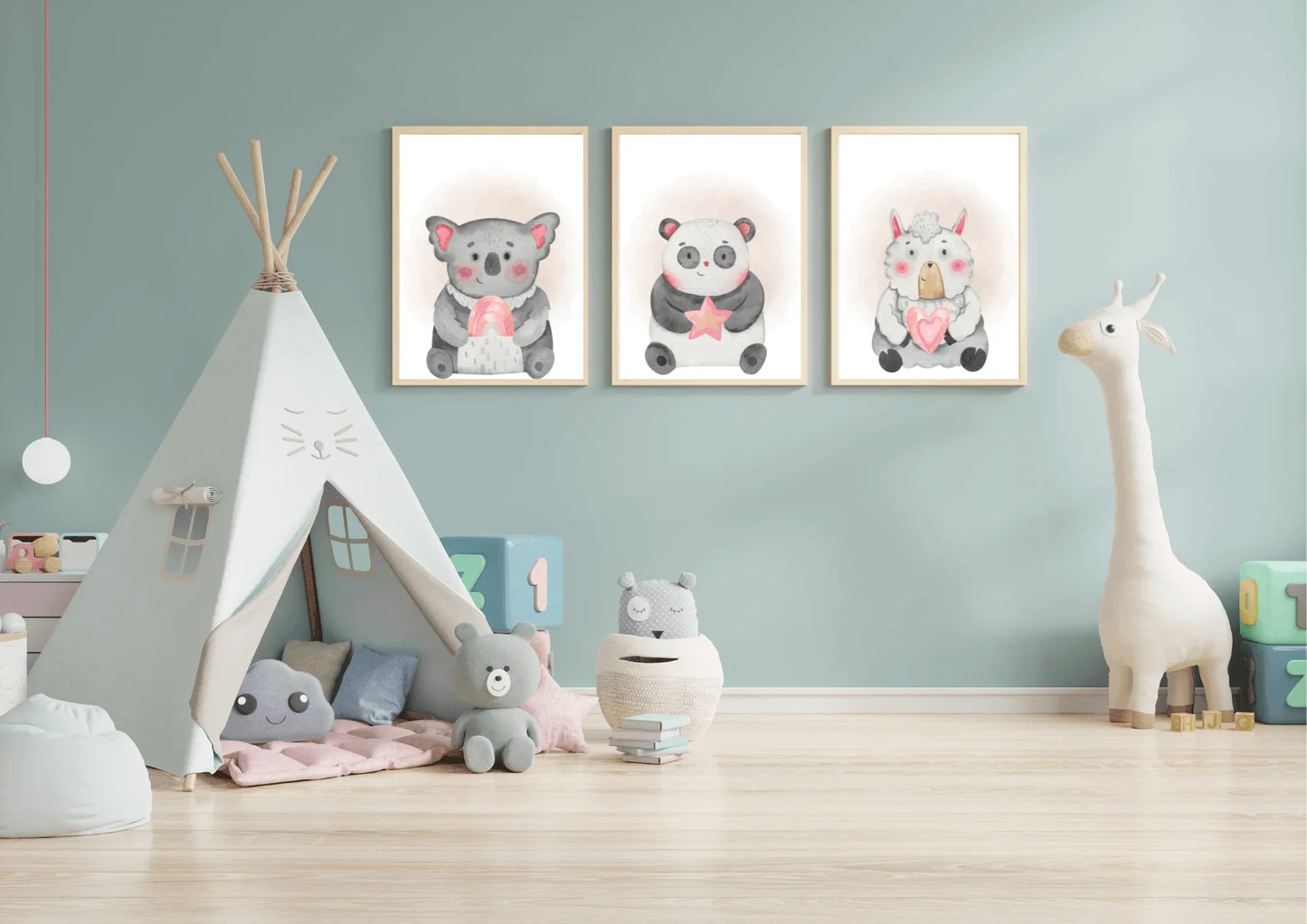pink and grey nursery prints, featuring a panda, sheep and a koala