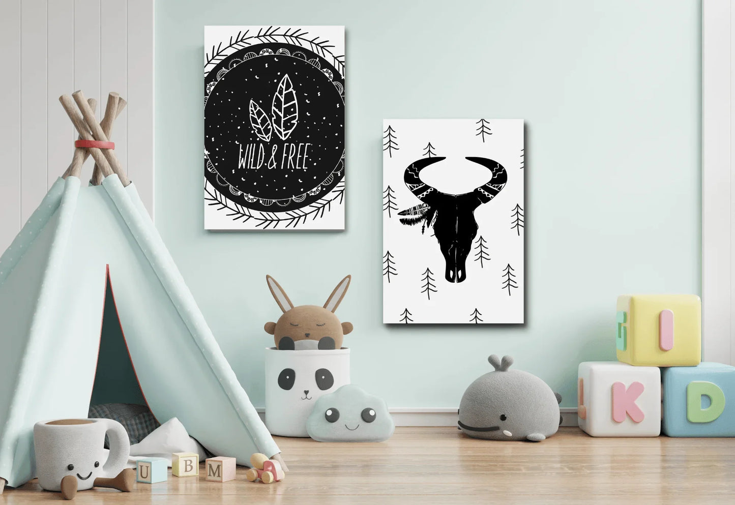 Black and white set of two prints featuring boho skull and "wild & Free" quote