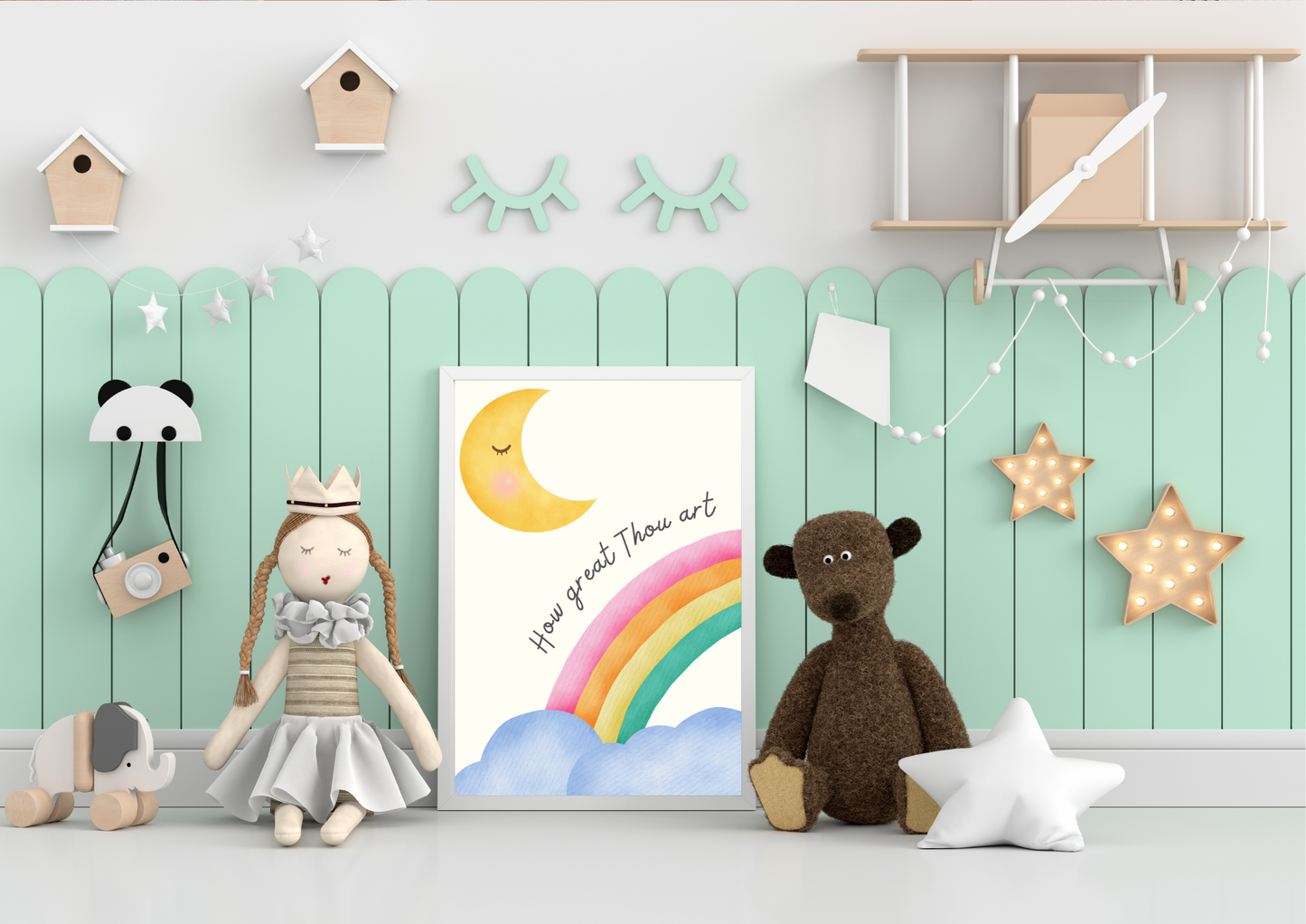 Children's room with a Christian poster of a rainbow and moon, toys, and decorative items on a light green wall.