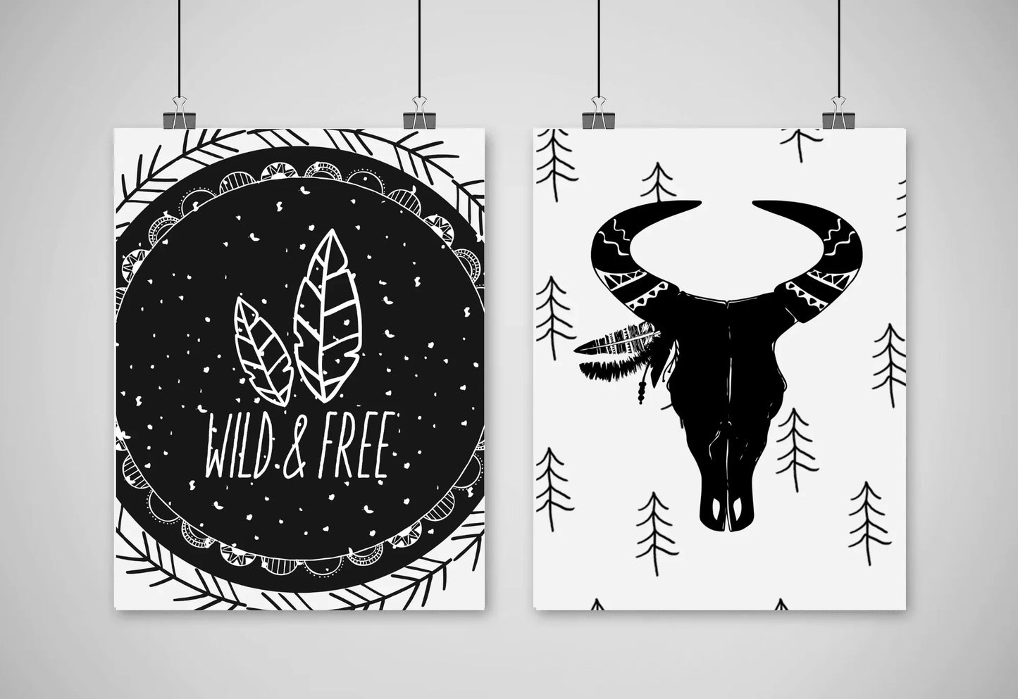 Black and white set of two prints featuring boho skull and "wild & Free" quote