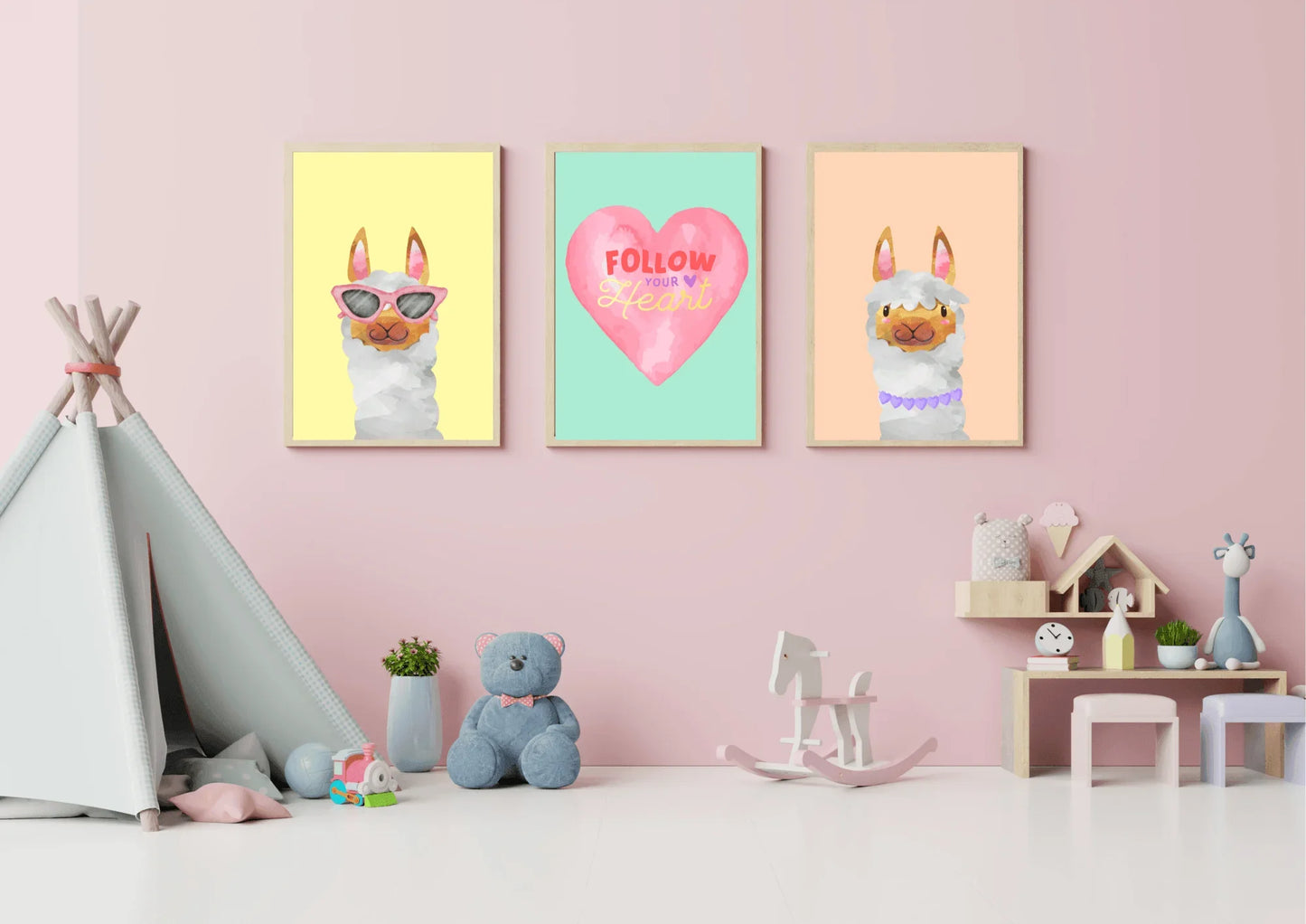 Set of three watercolor llama nursery prints