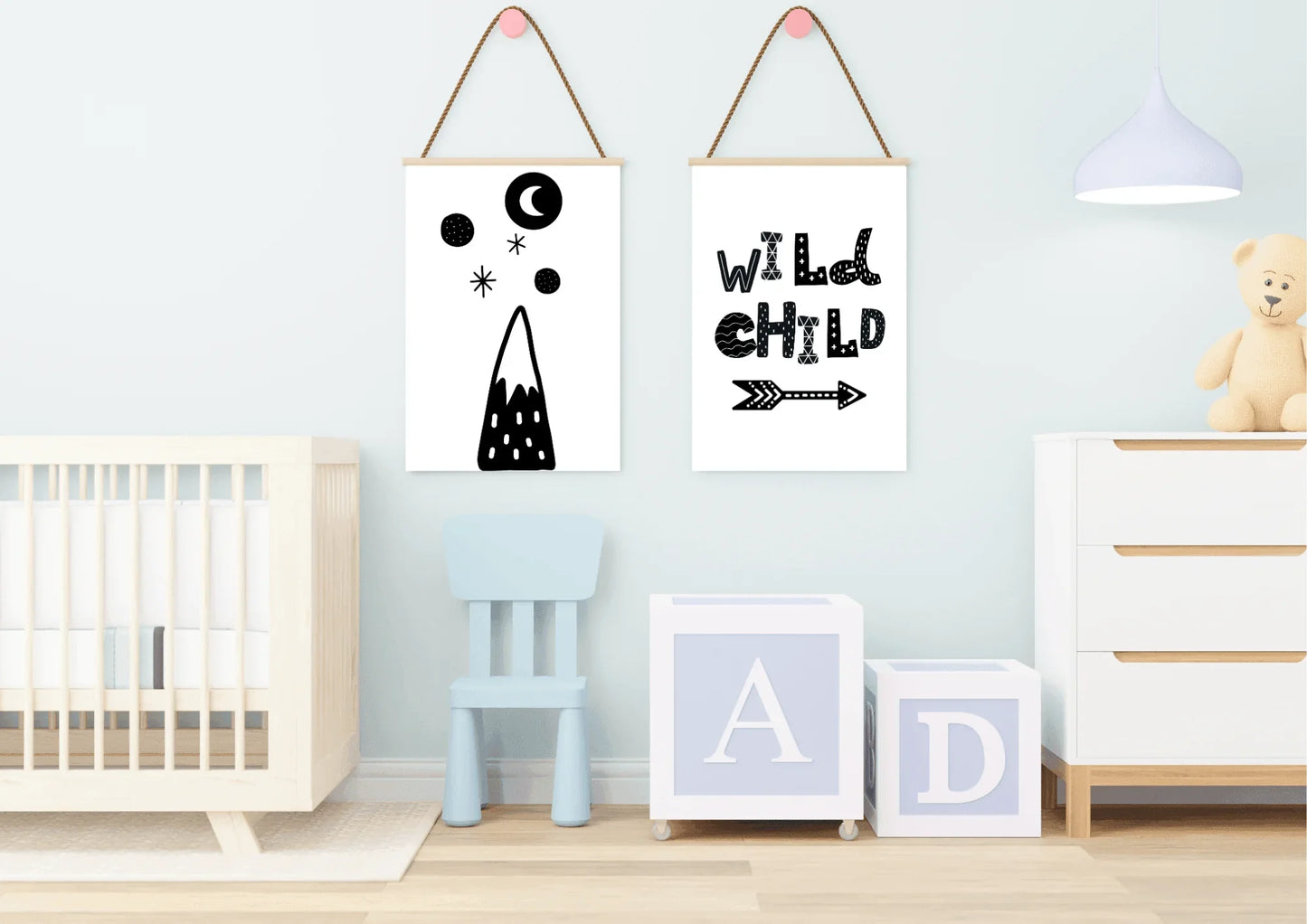 Set of two black and white adventure themed nursery prints
