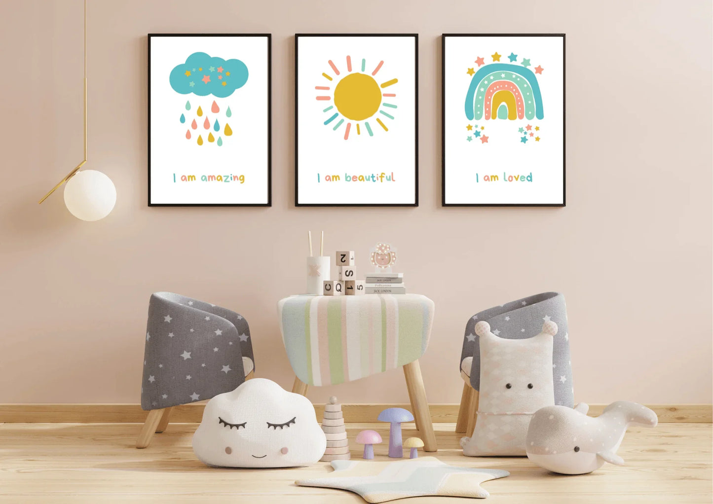 set of three nursery prints, featuring a cloud, rainbow, and a sun with positive affirmations