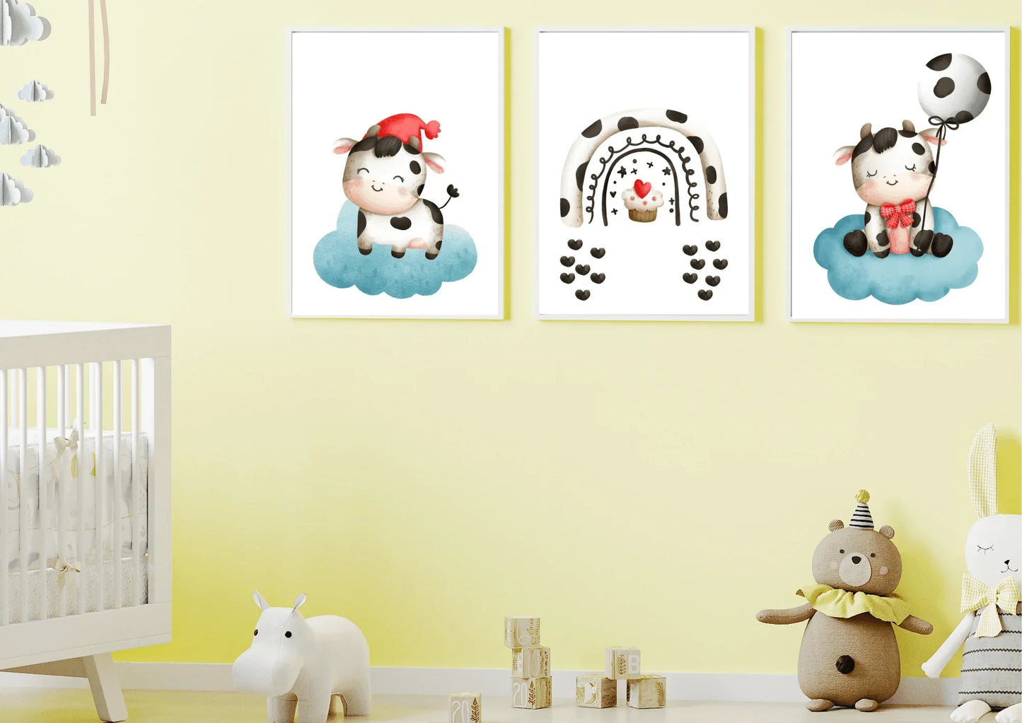 set of three cow-themed nursery prints