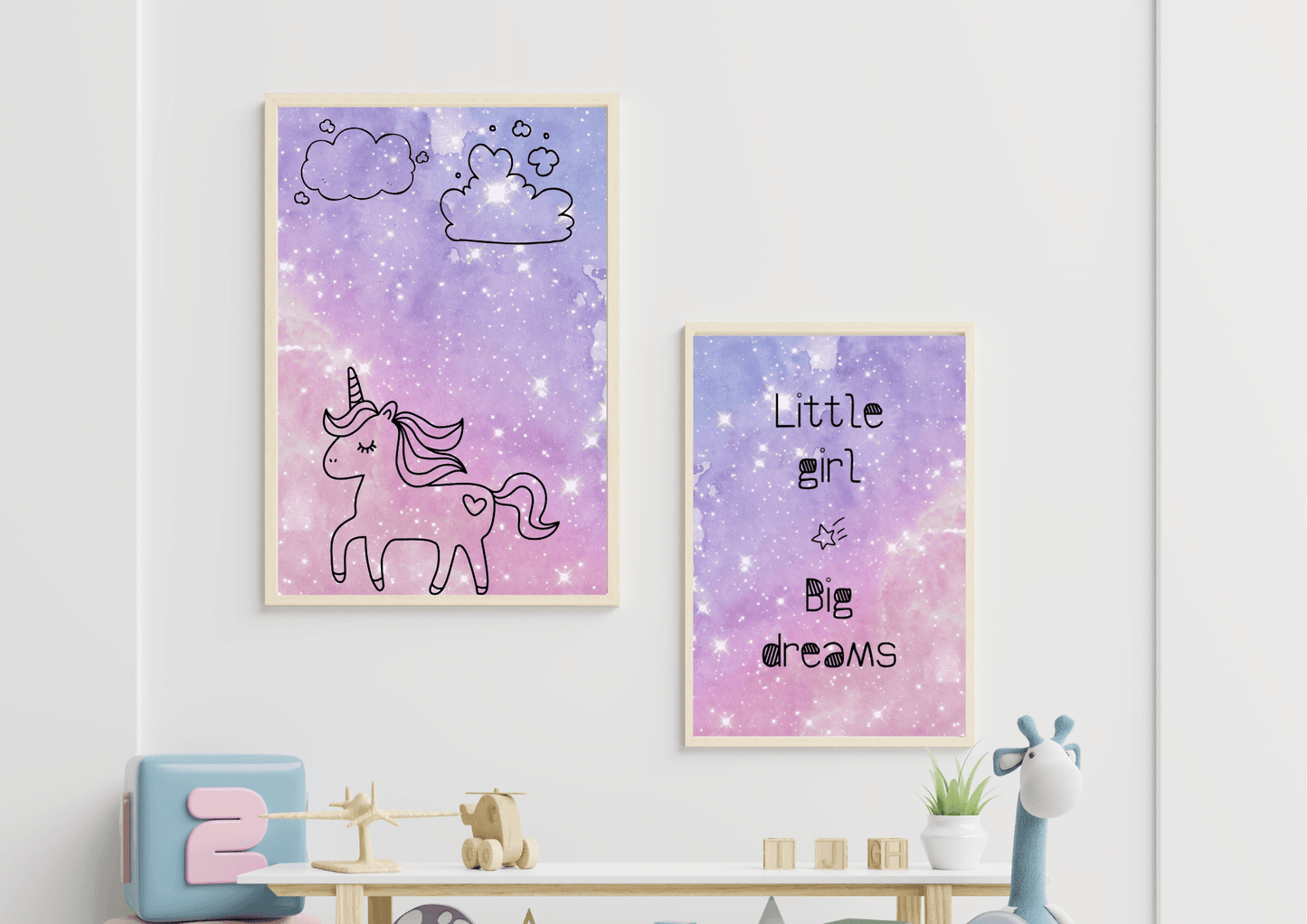 Set of two purple spaced themed unicorn prints