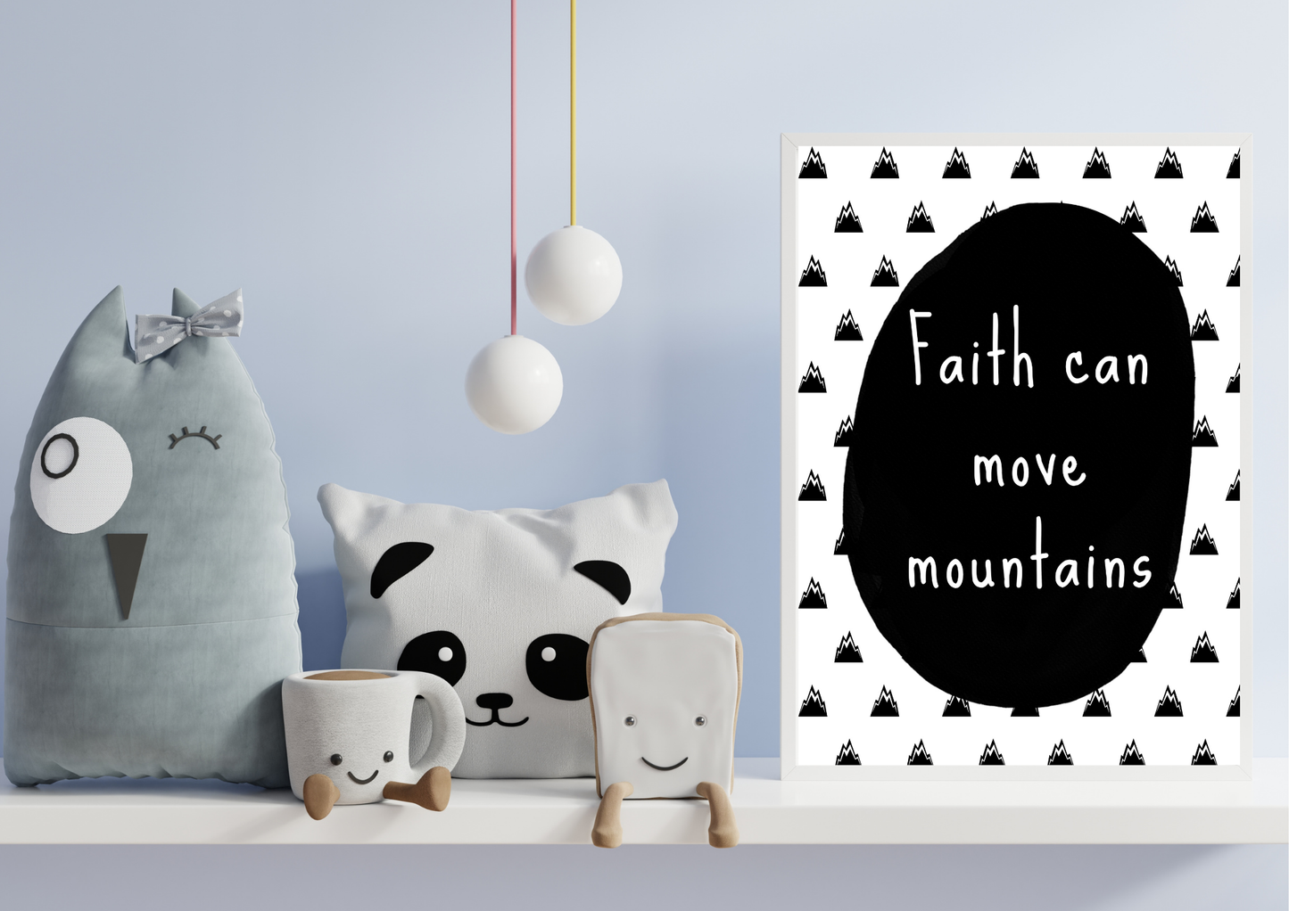Decorative pillows, mug, and small plush toy with a religious motivational nursery poster on a light blue wall.