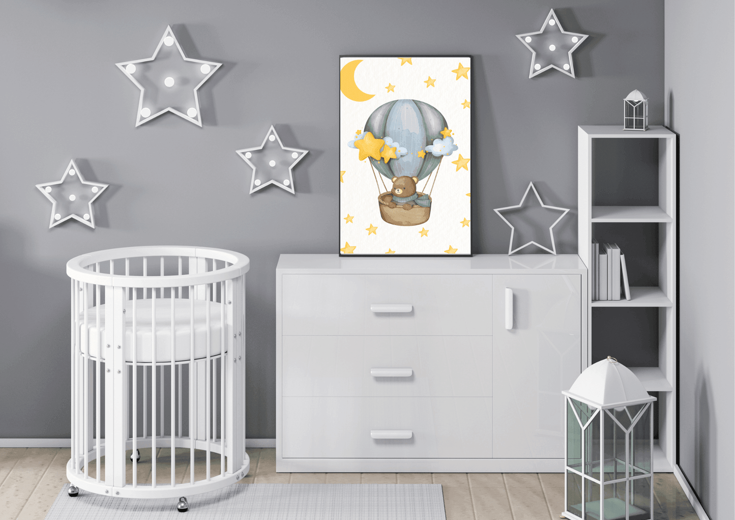 Digital nursery print featuring bear in hot air balloon