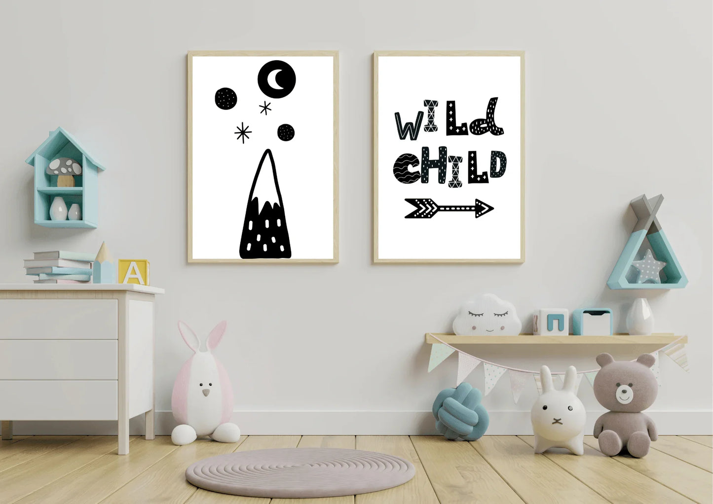 Set of two black and white adventure themed nursery prints