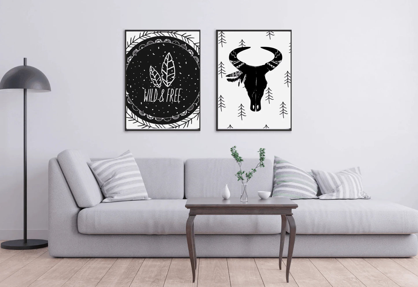 Black and white set of two prints featuring boho skull and "wild & Free" quote