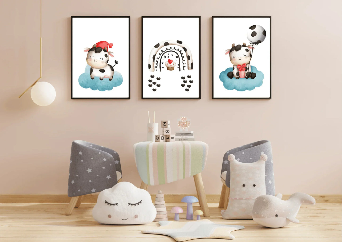 set of three cow-themed nursery prints