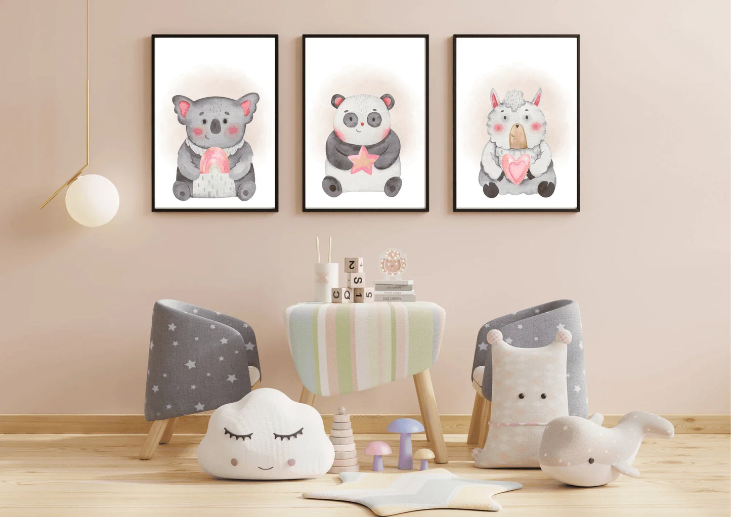 pink and grey nursery prints, featuring a panda, sheep and a koala