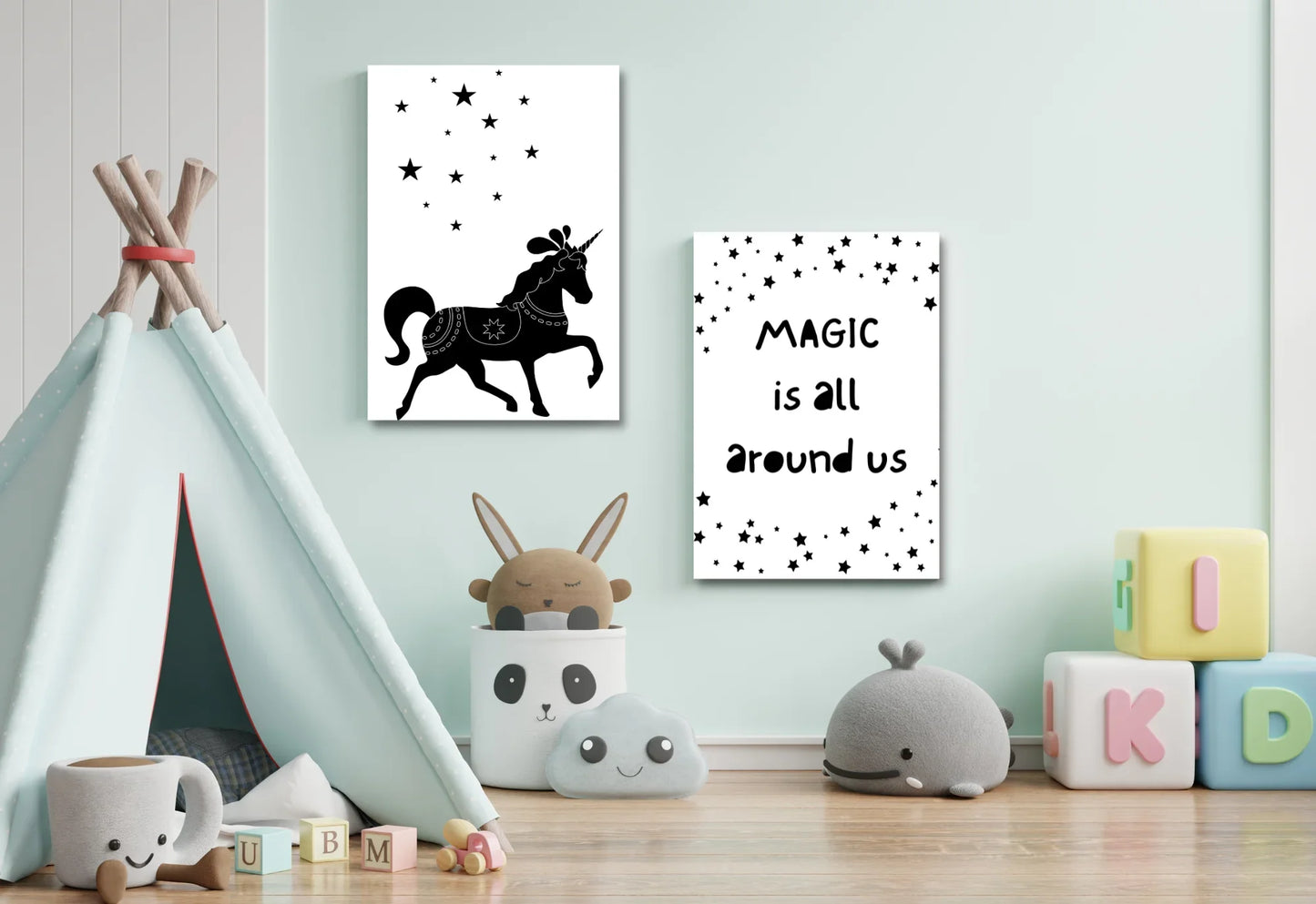Black and White Monochrome Unicorn Nursery Print