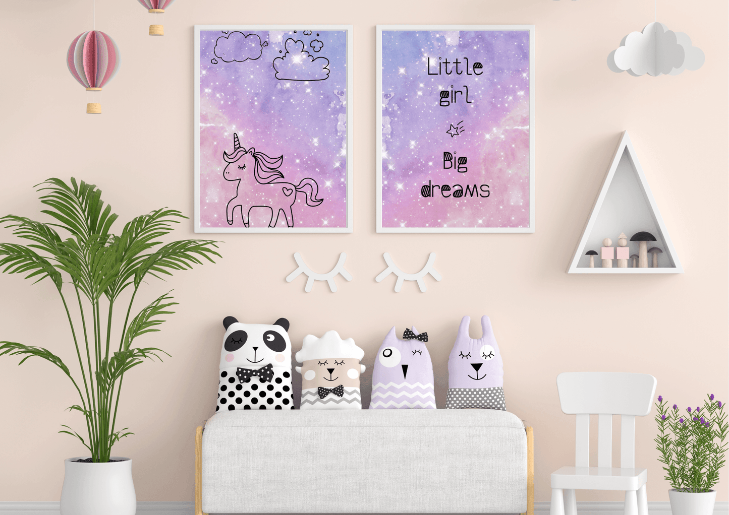 Set of two purple spaced themed unicorn prints