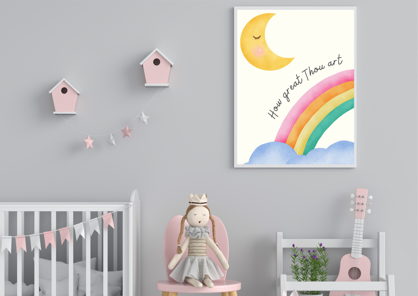 Nursery room with a rainbow and Faith-themed moon poster, crib, rocking chair, and guitar.