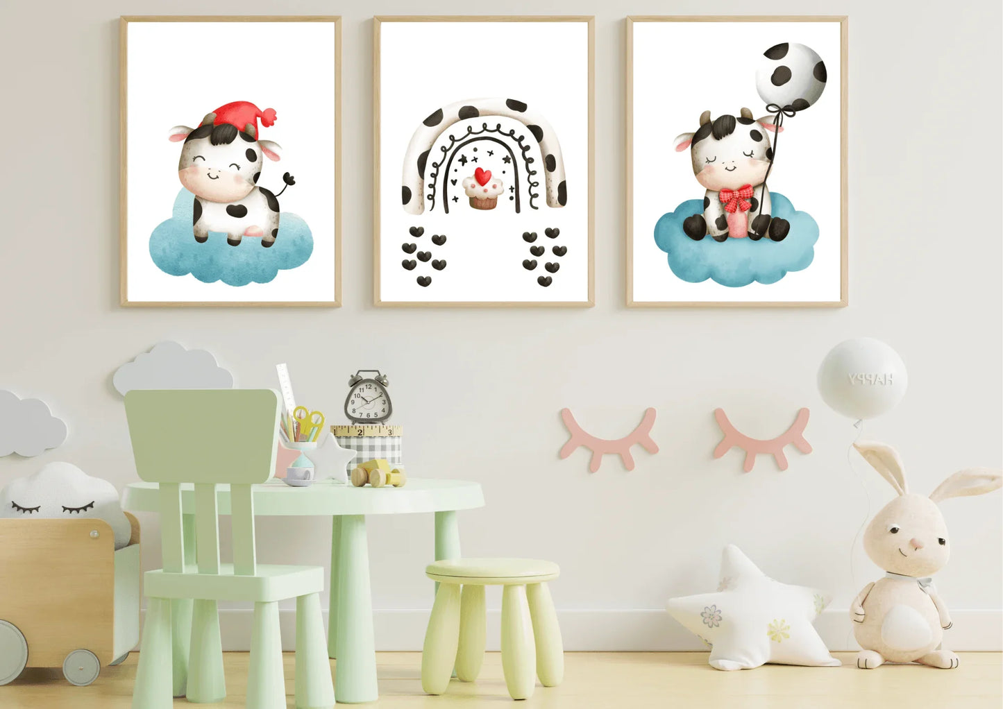 set of three cow-themed nursery prints