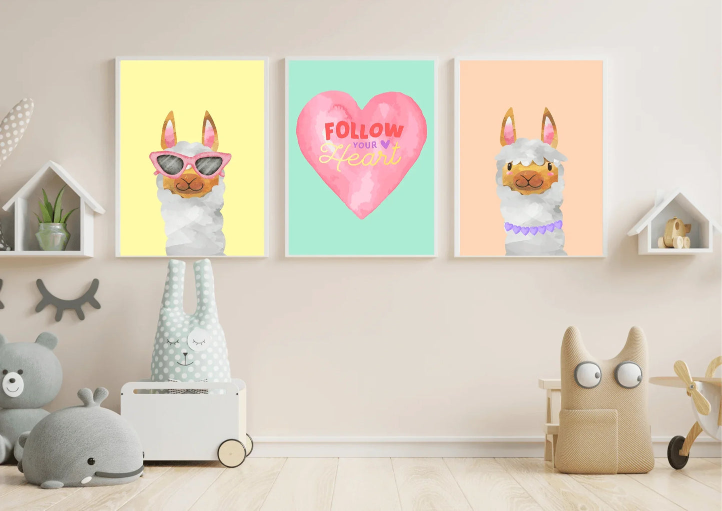 Set of three watercolor llama nursery prints