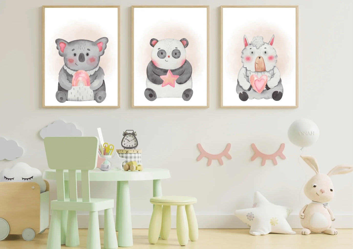 pink and grey nursery prints, featuring a panda, sheep and a koala