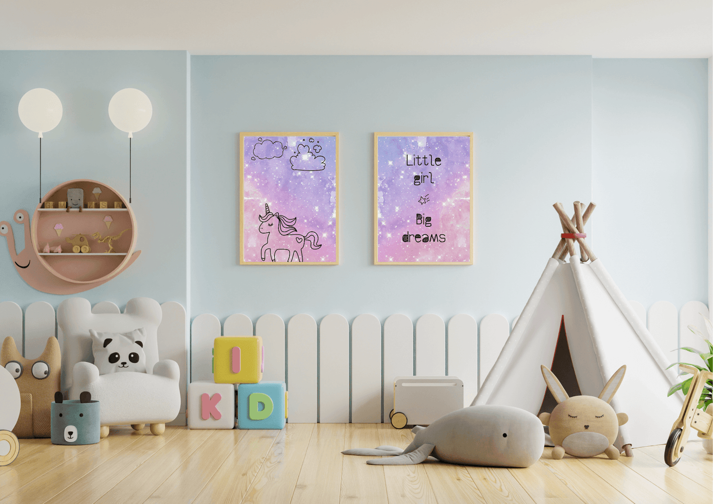 Set of two purple spaced themed unicorn prints