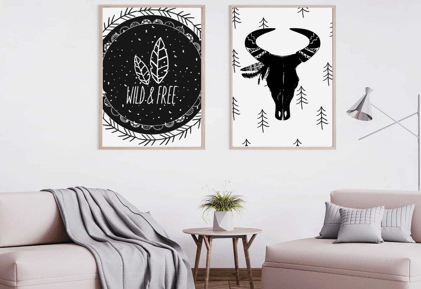 Black and white set of two prints featuring boho skull and "wild & Free" quote